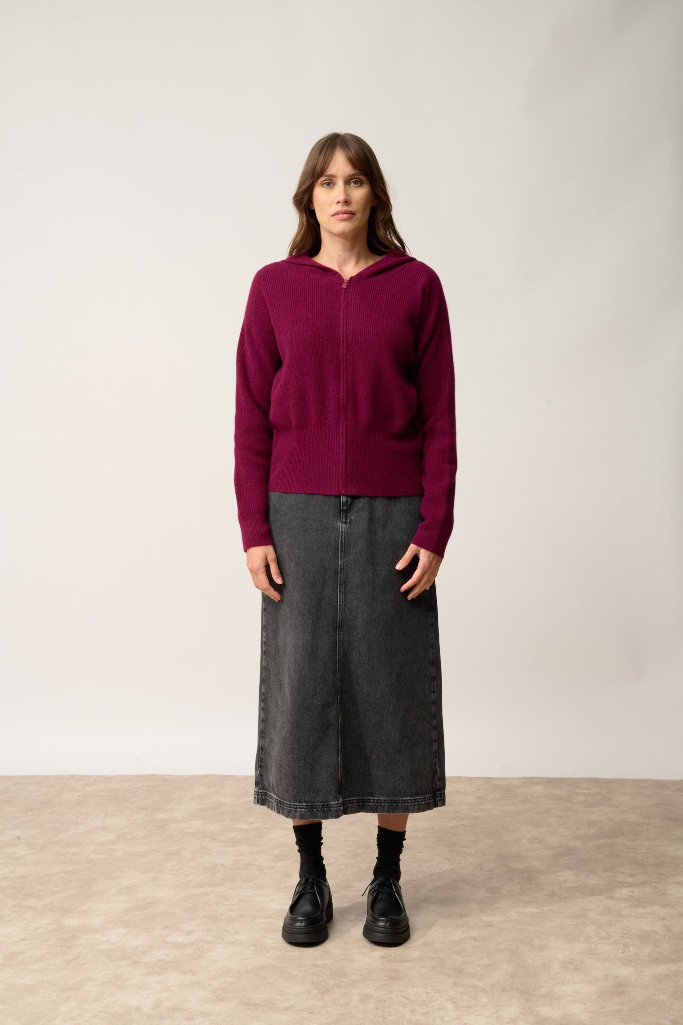 HELGA burgundy hooded zip-neck cardigan