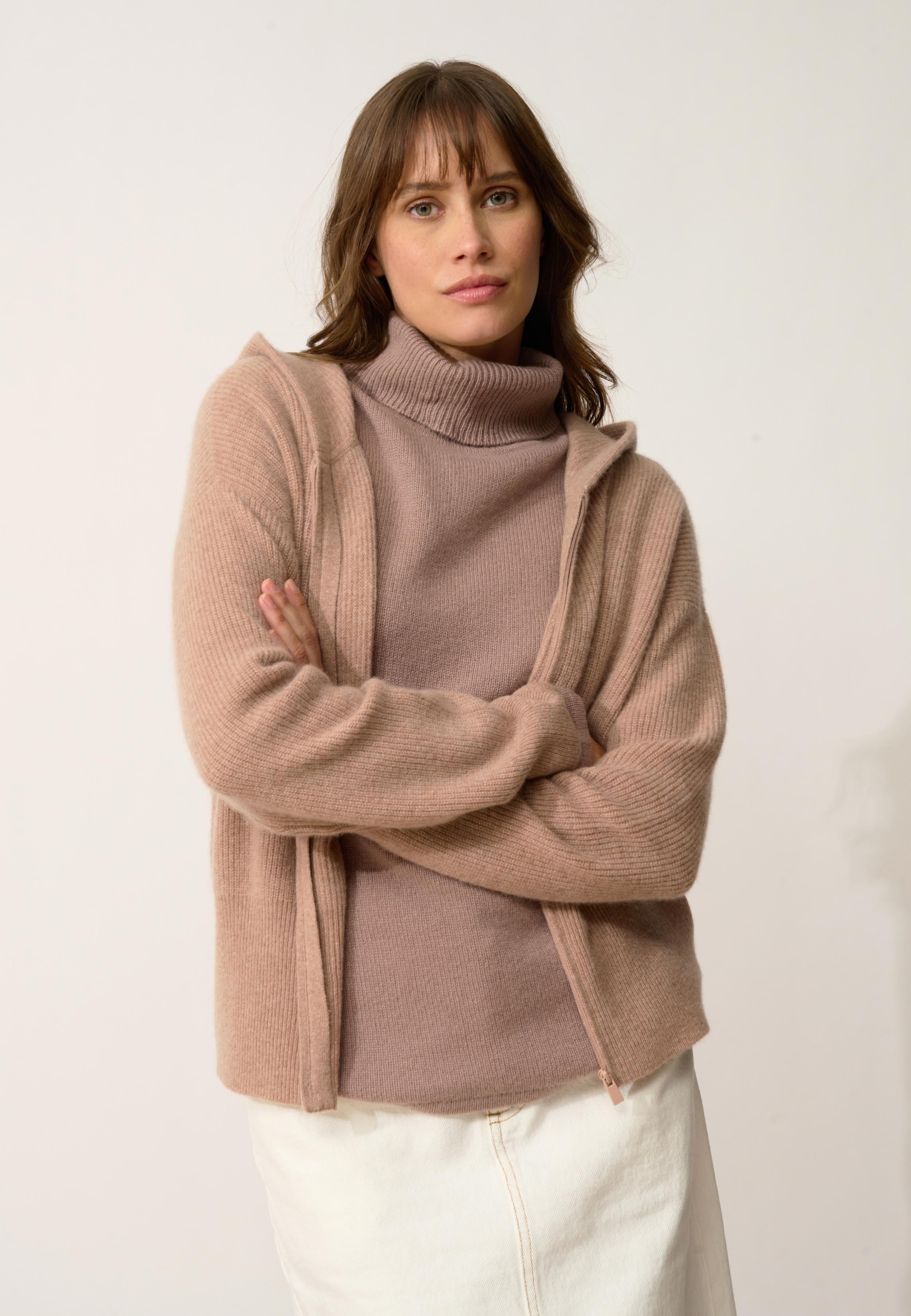 HELGA gilet col zippé capuche camel chiné