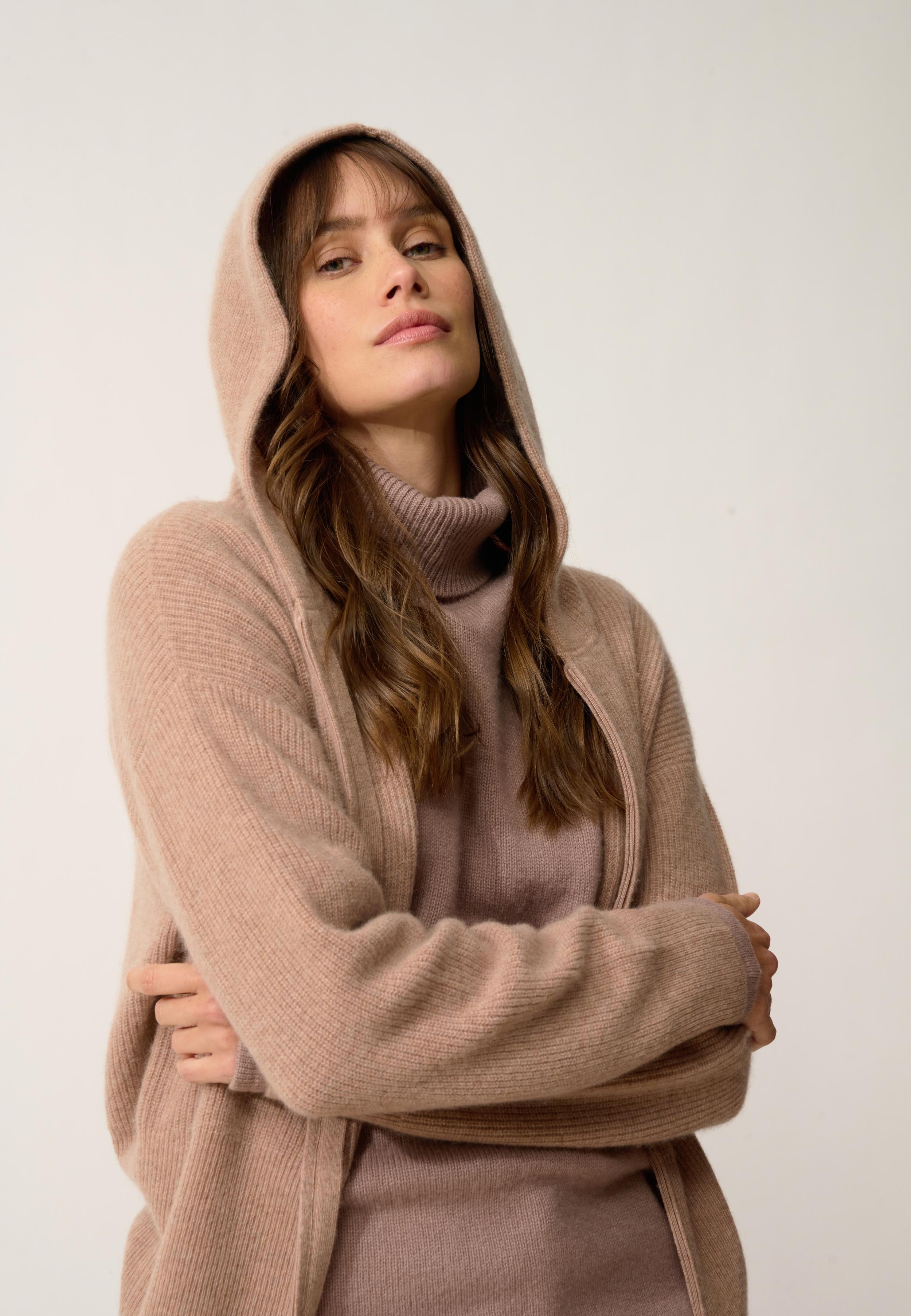 HELGA gilet col zippé capuche camel chiné