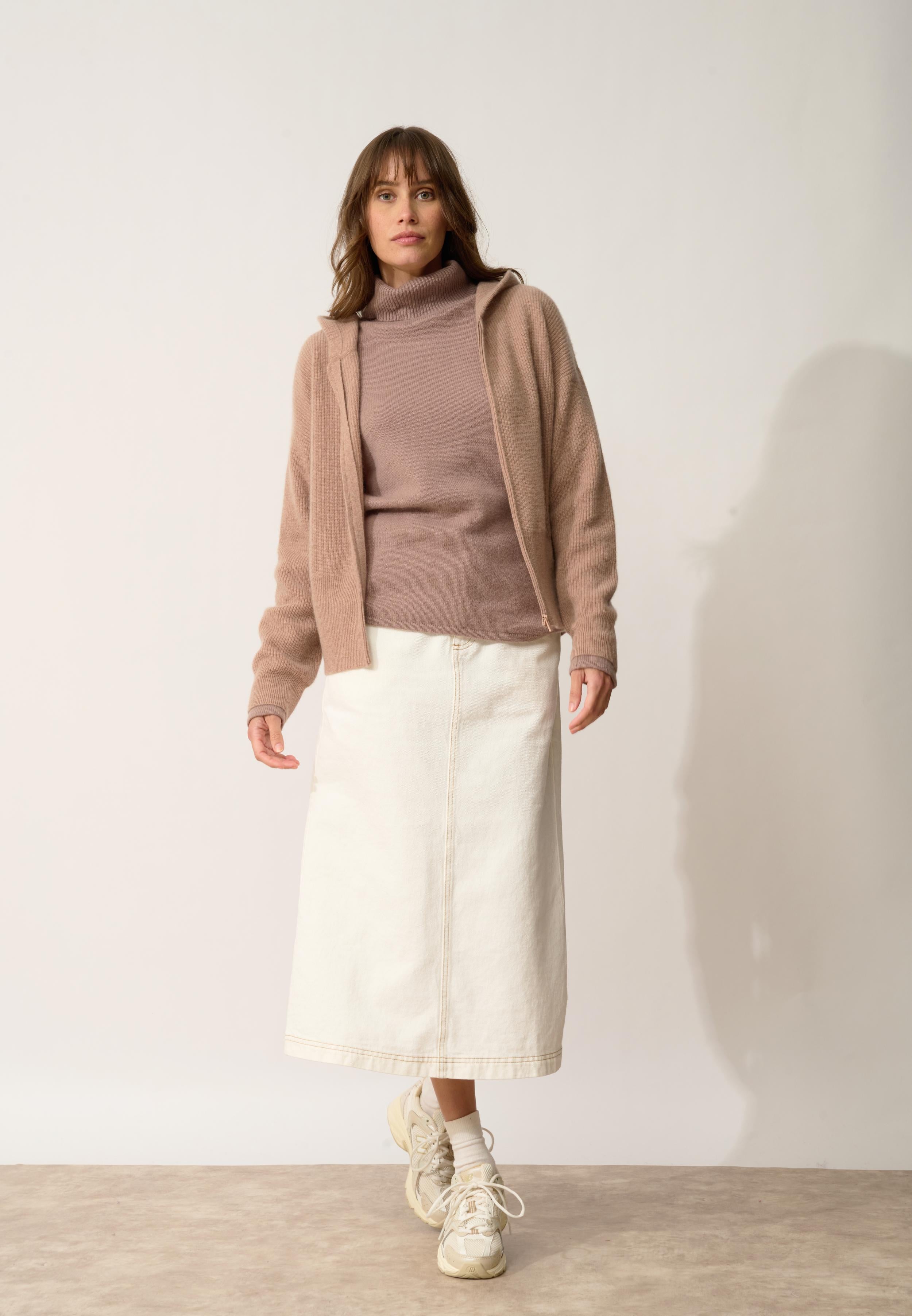 HELGA gilet col zippé capuche camel chiné