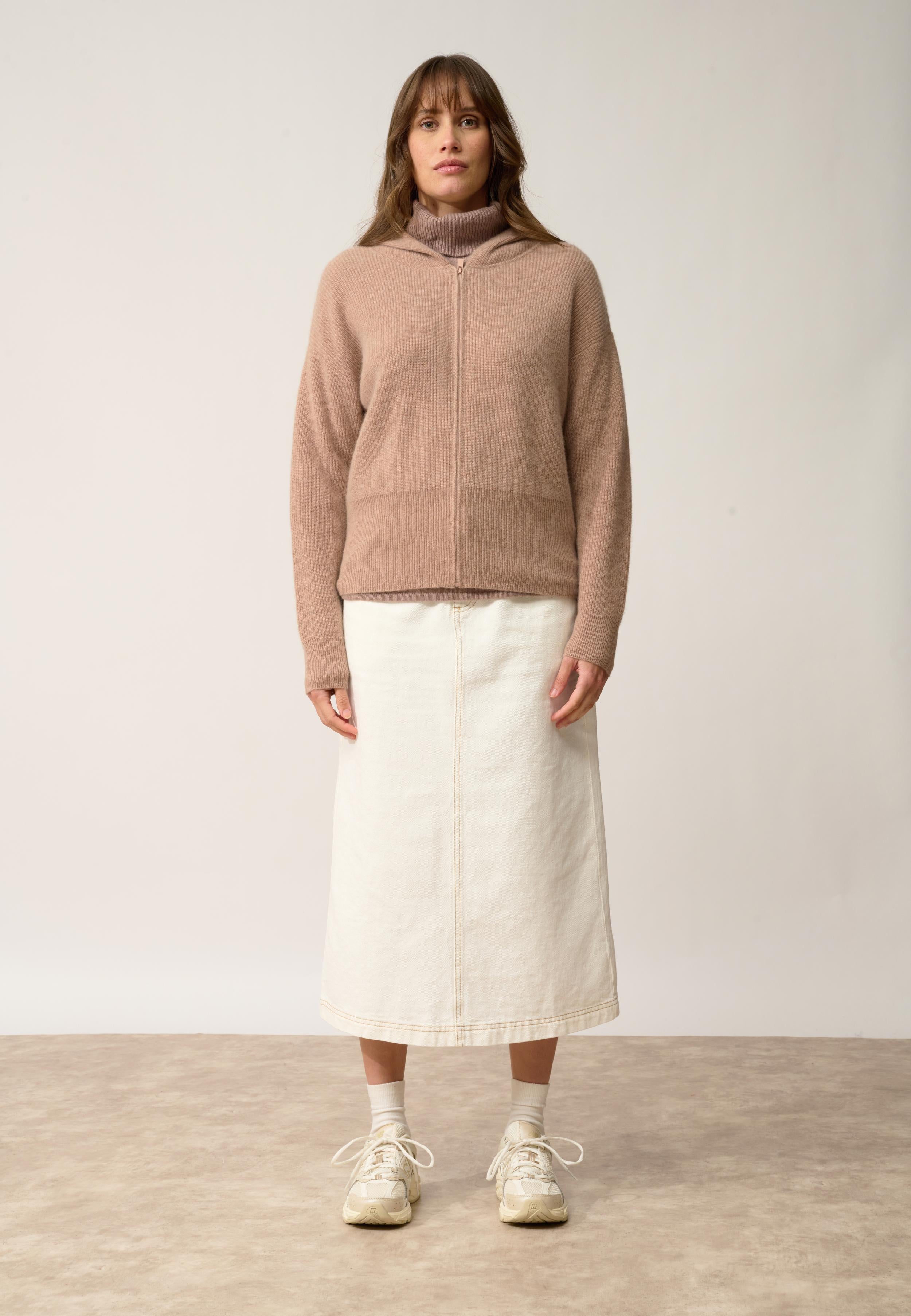 HELGA gilet col zippé capuche camel chiné