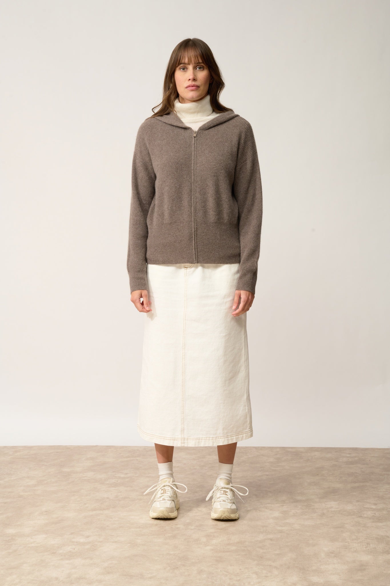 HELGA taupe mottled hooded zip-neck cardigan