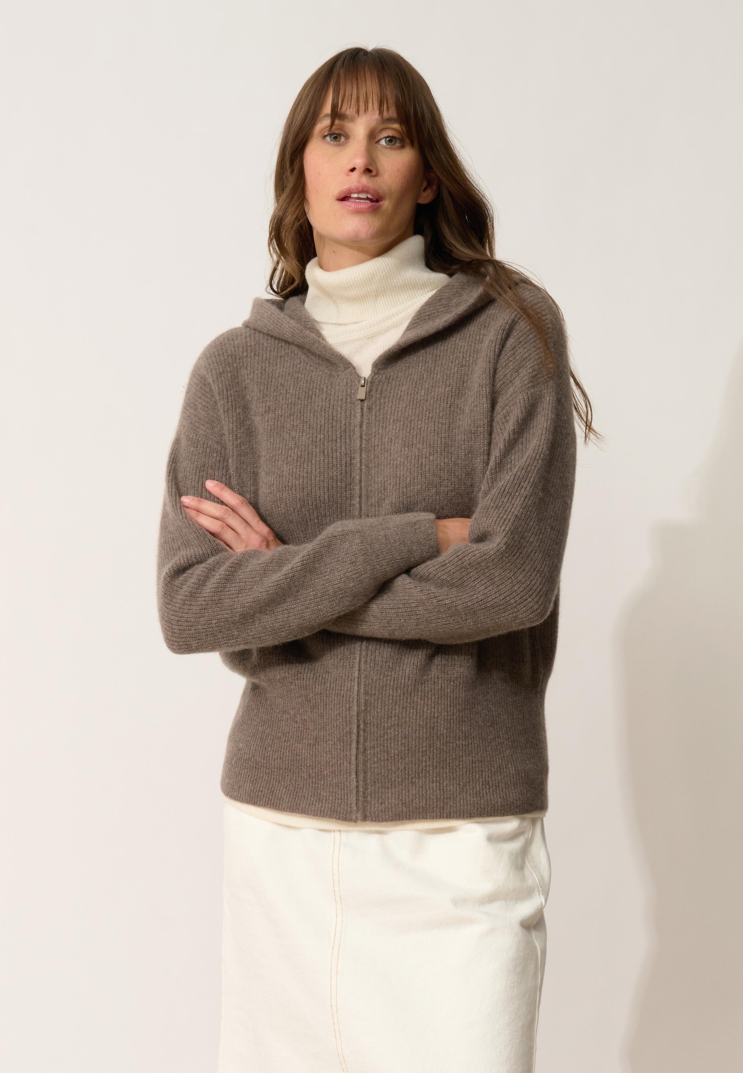 HELGA gilet col zippé capuche taupe chiné