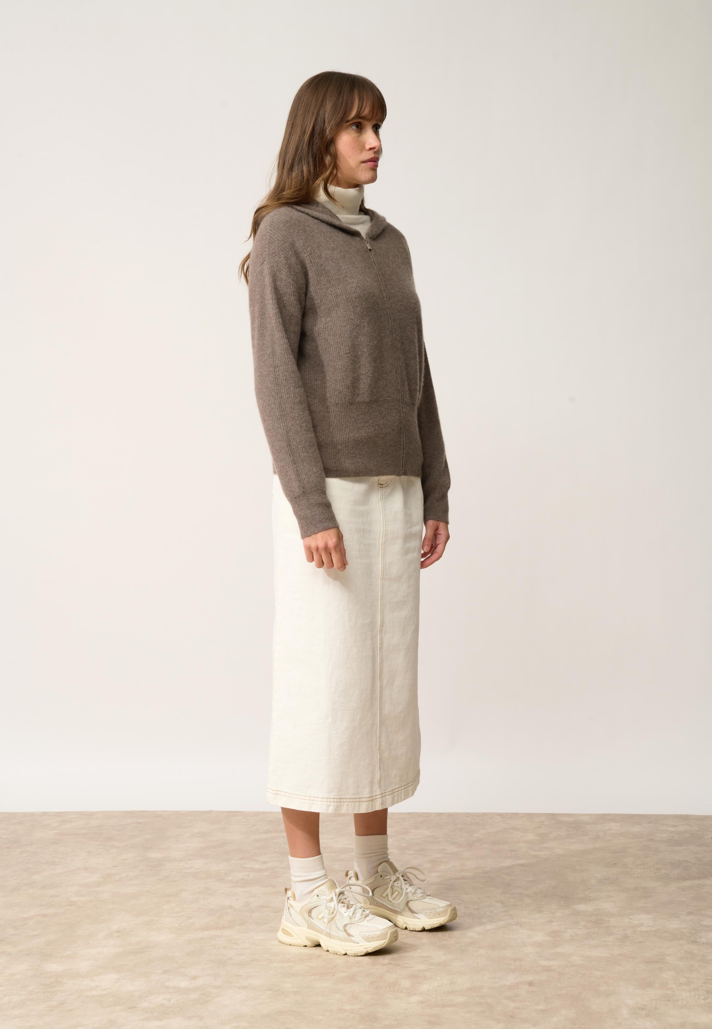 HELGA gilet col zippé capuche taupe chiné