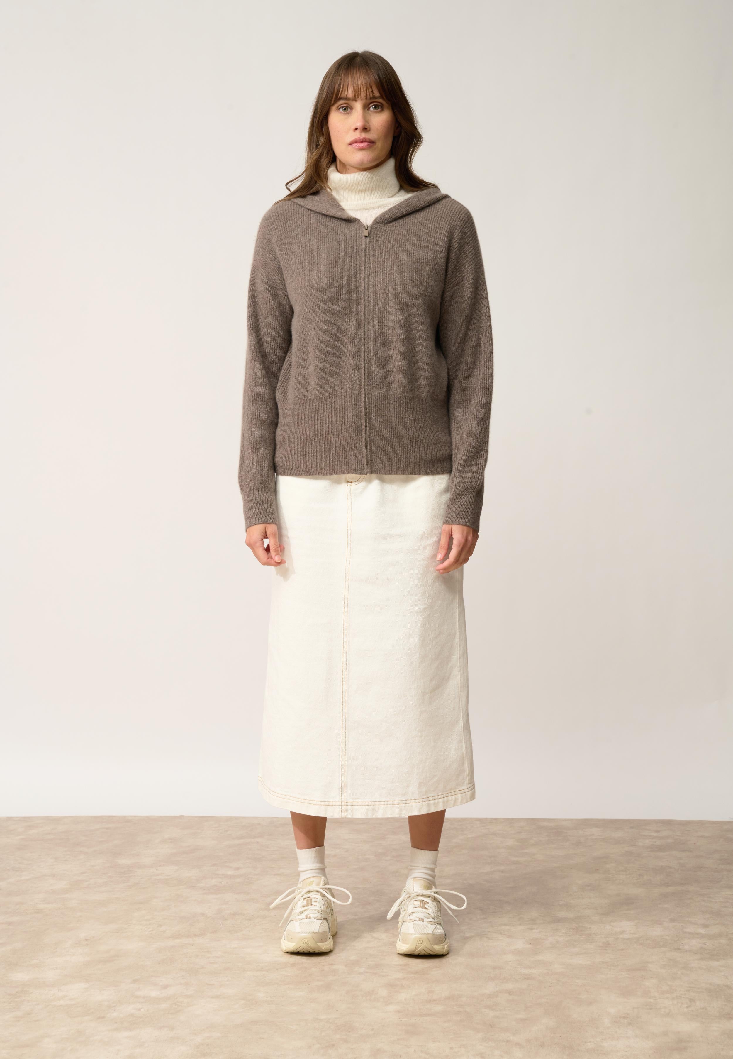 HELGA gilet col zippé capuche taupe chiné