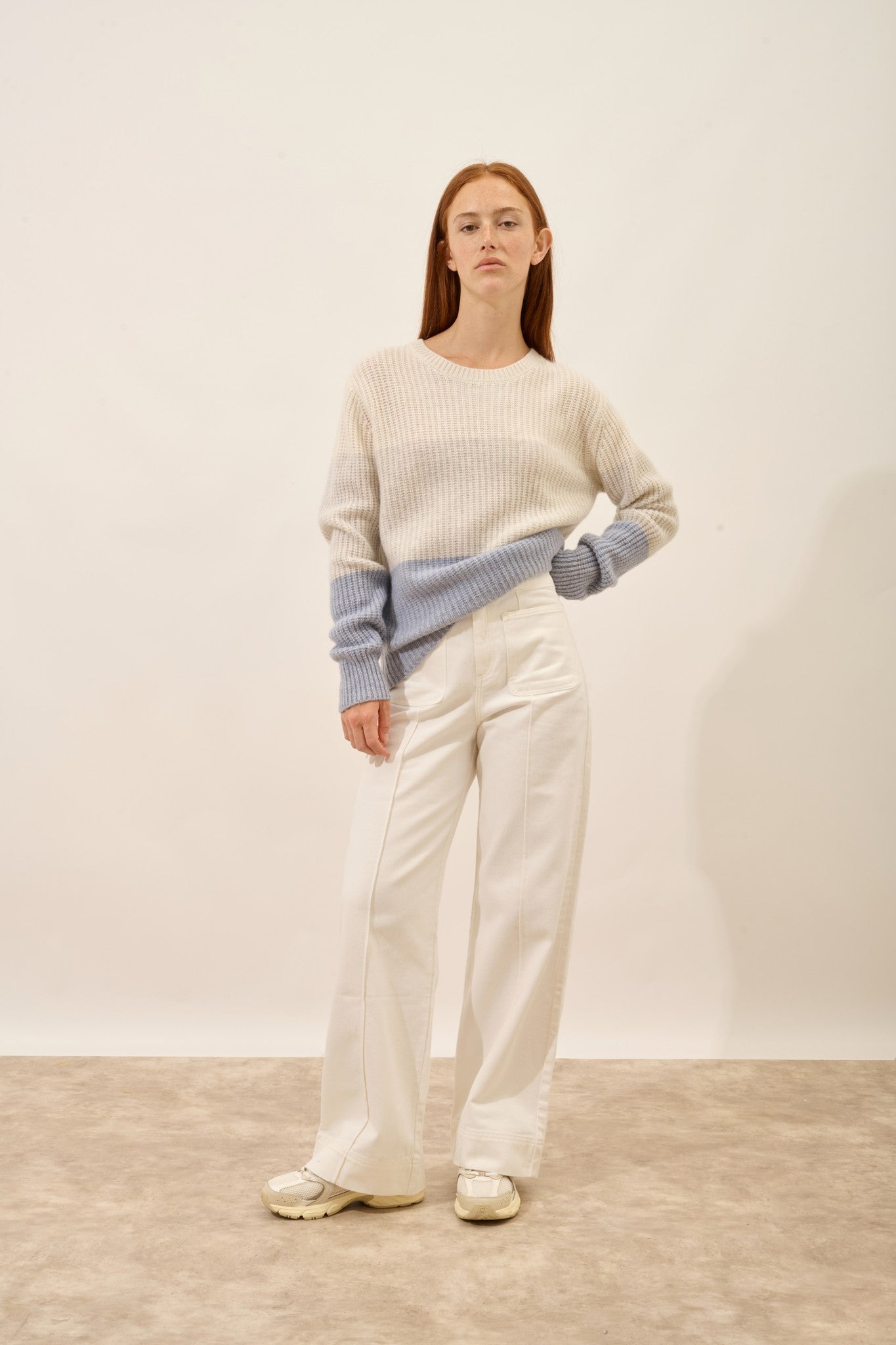 ilyana pull col rond 6 fils tri-color ivoire/gris perle chiné/bleu ivoire 100% cachemire