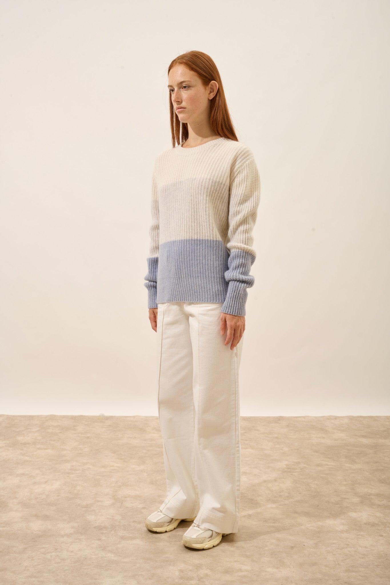 ilyana pull col rond 6 fils tri-color ivoire/gris perle chiné/bleu ivoire 100% cachemire