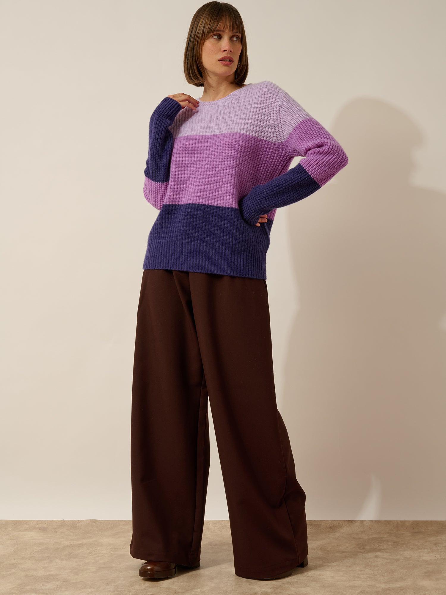 ILYANA round neck sweater, 6-ply, tri-color mauve/parma/purple