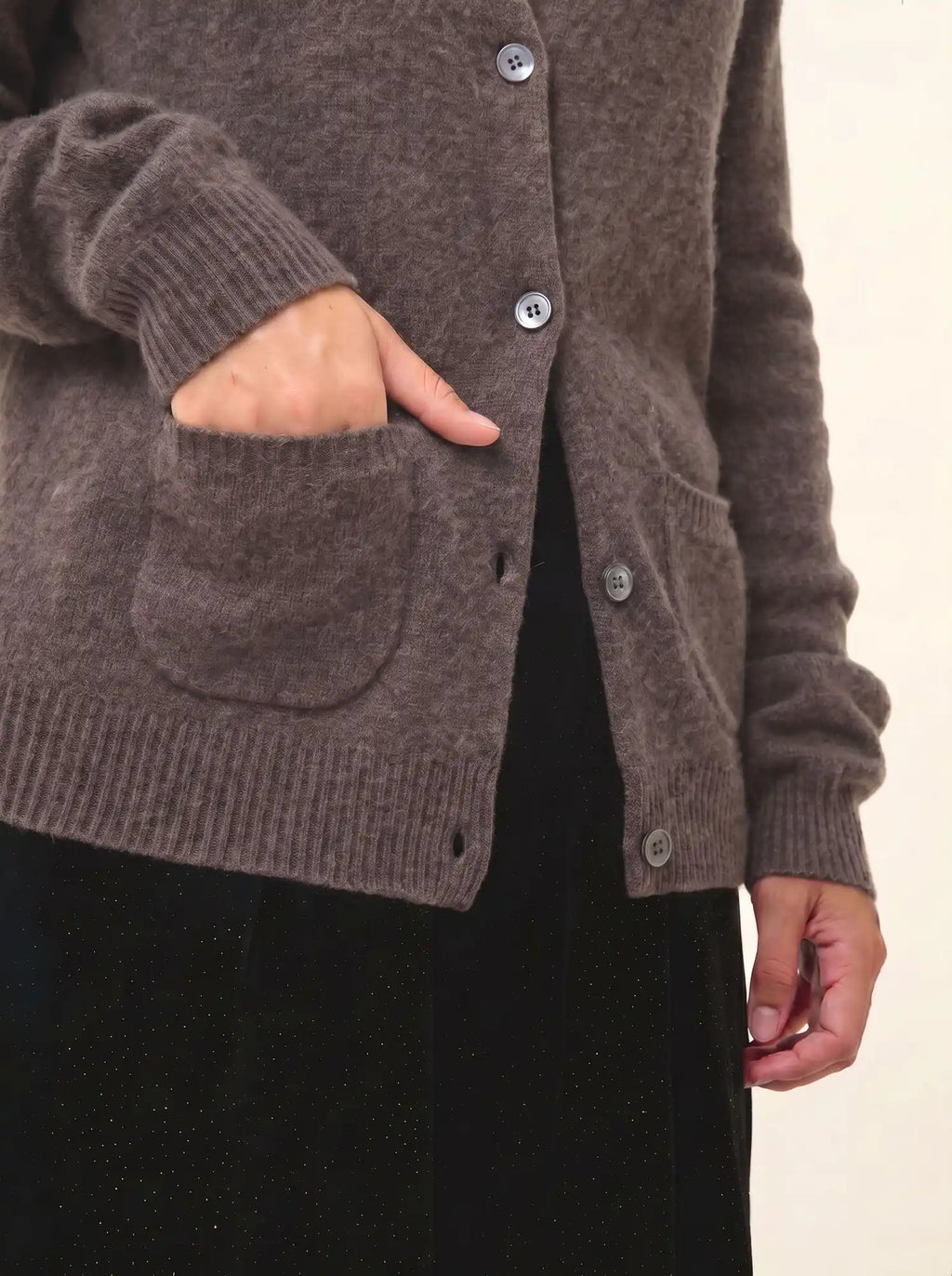 ROSE Cardigan Col Rond 4 Fils Taupe Chiné