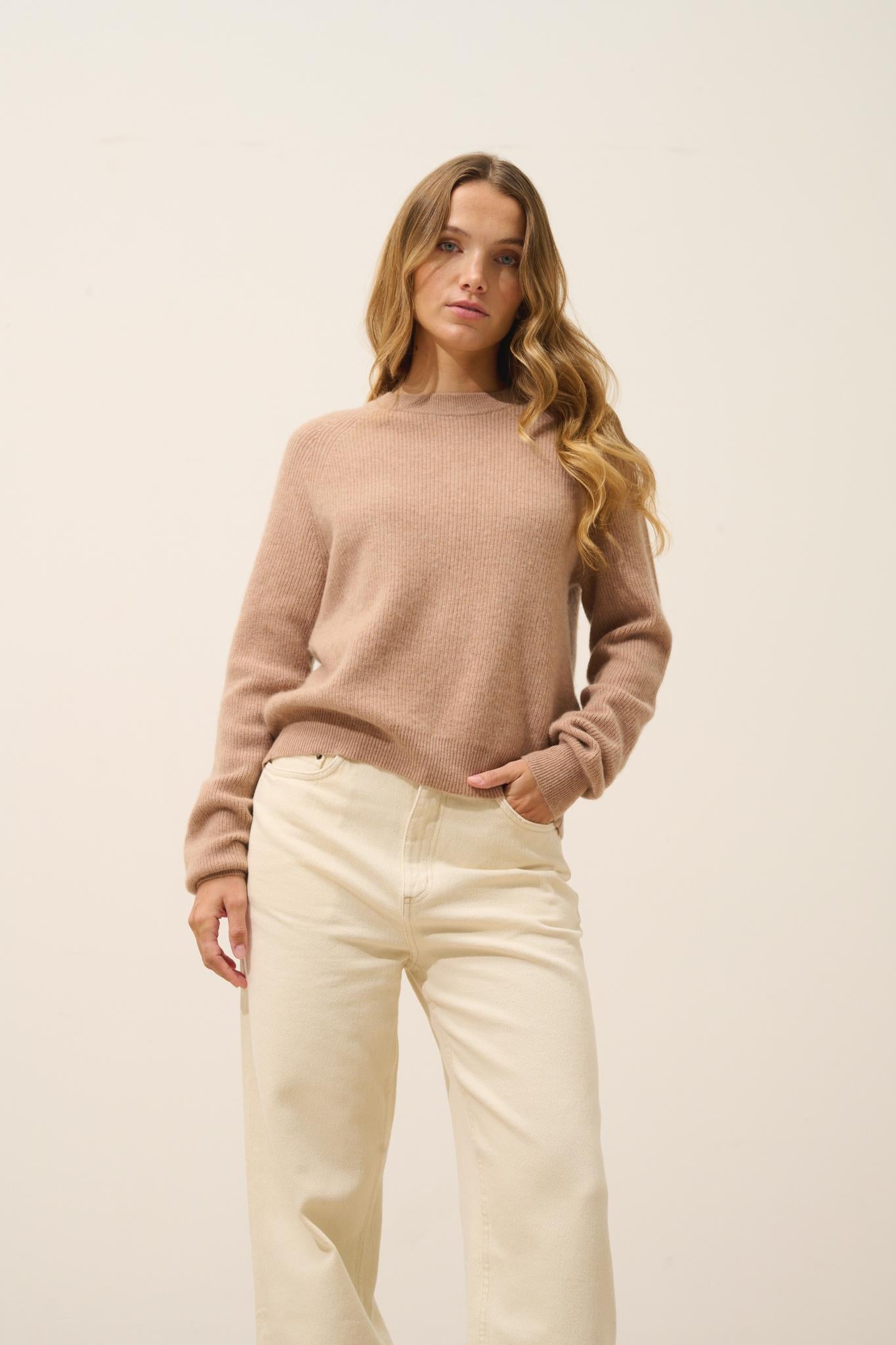 JONA pull col rond camel chiné