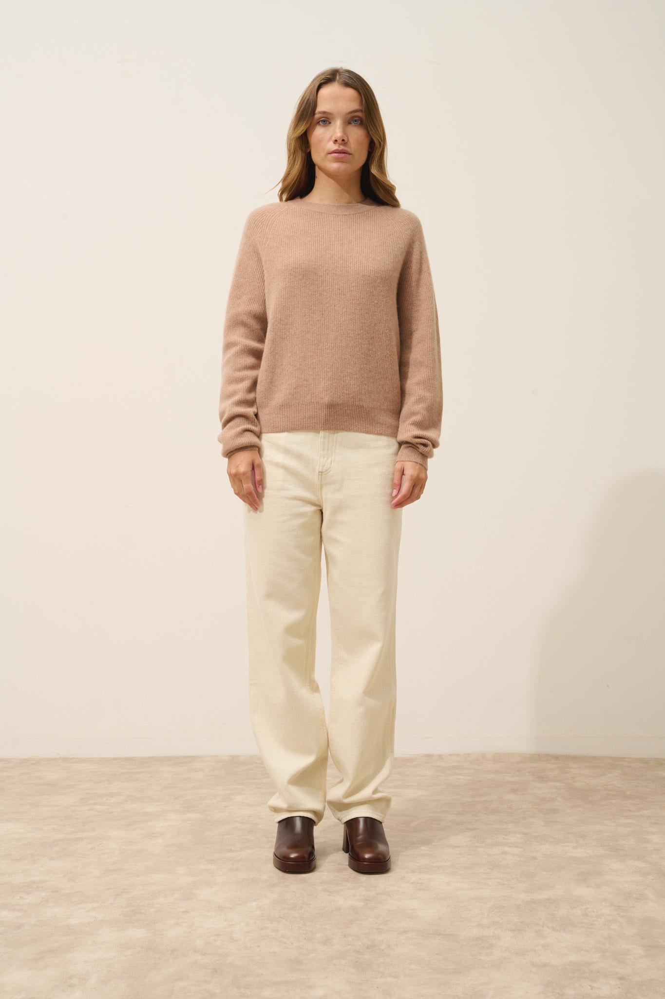 JONA pull col rond camel chiné