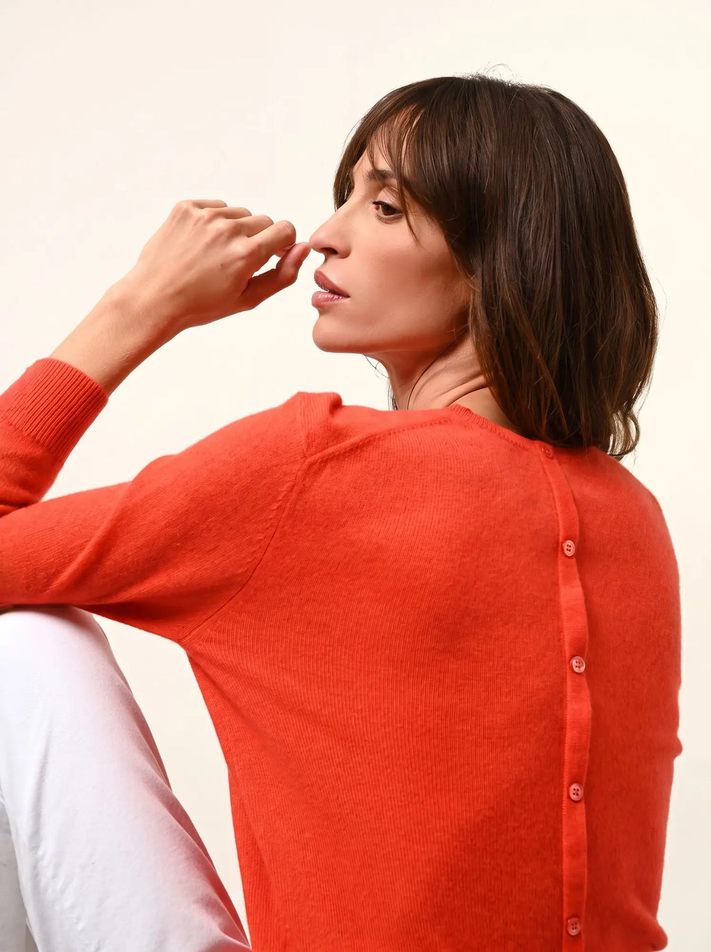 JANICE pullover rundhalsausschnitt geknöpft hinten orange