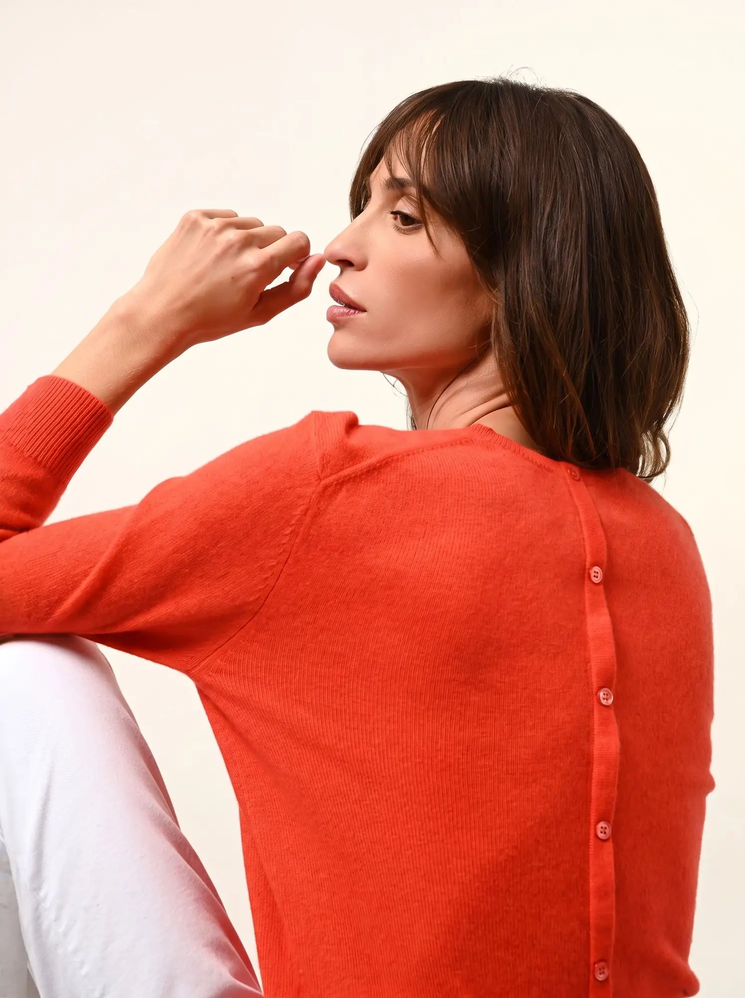 JANICE pullover rundhalsausschnitt geknöpft hinten orange