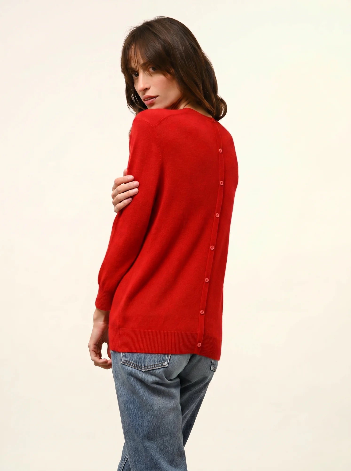 JANICE pullover rundhalsausschnitt geknöpft hinten rot