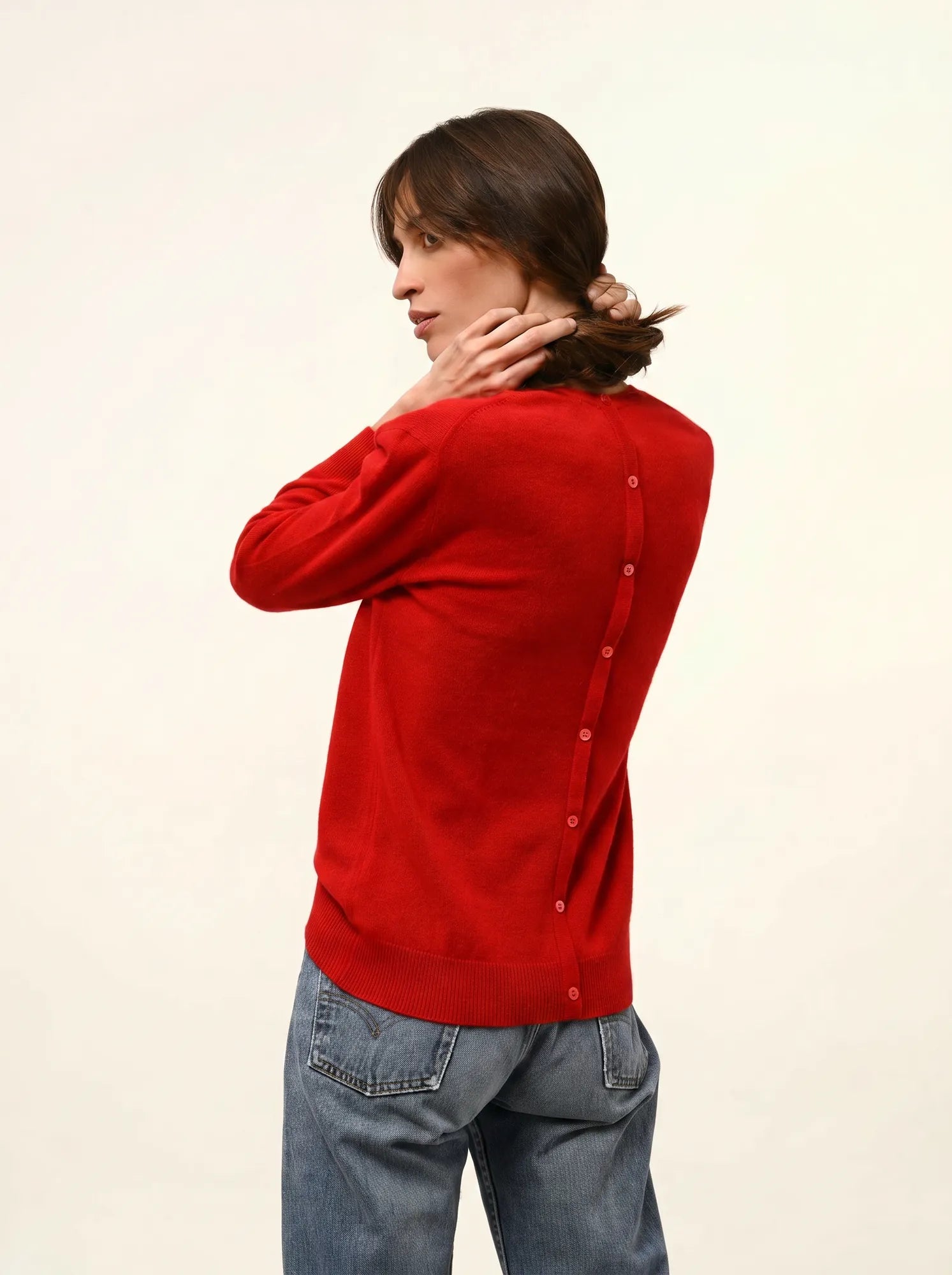 JANICE pullover rundhalsausschnitt geknöpft hinten rot