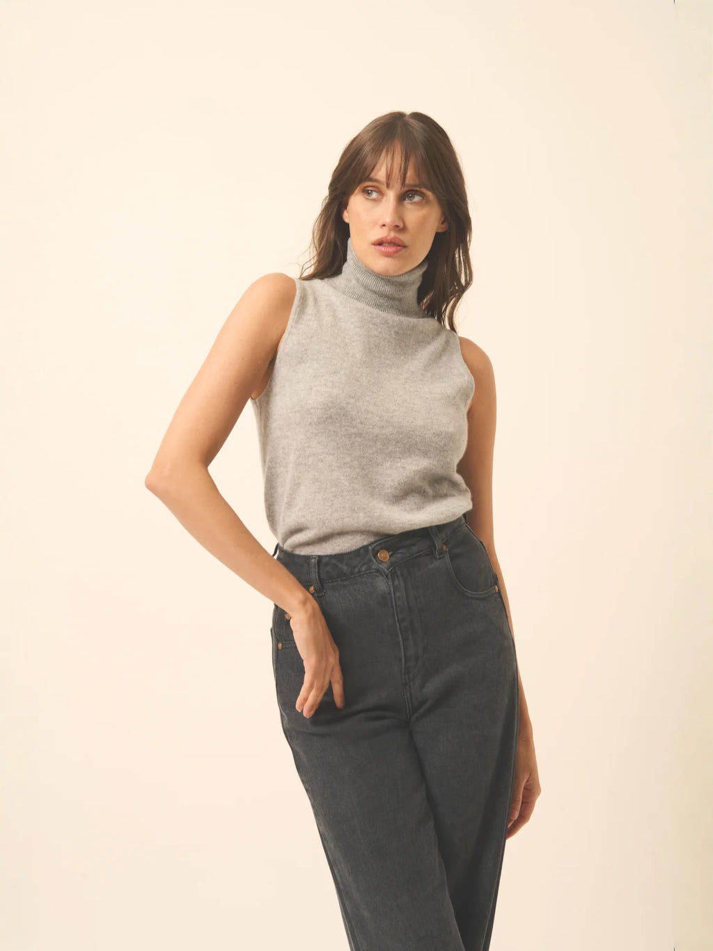 VIOLET pull col roulé sans manches nuage chiné
