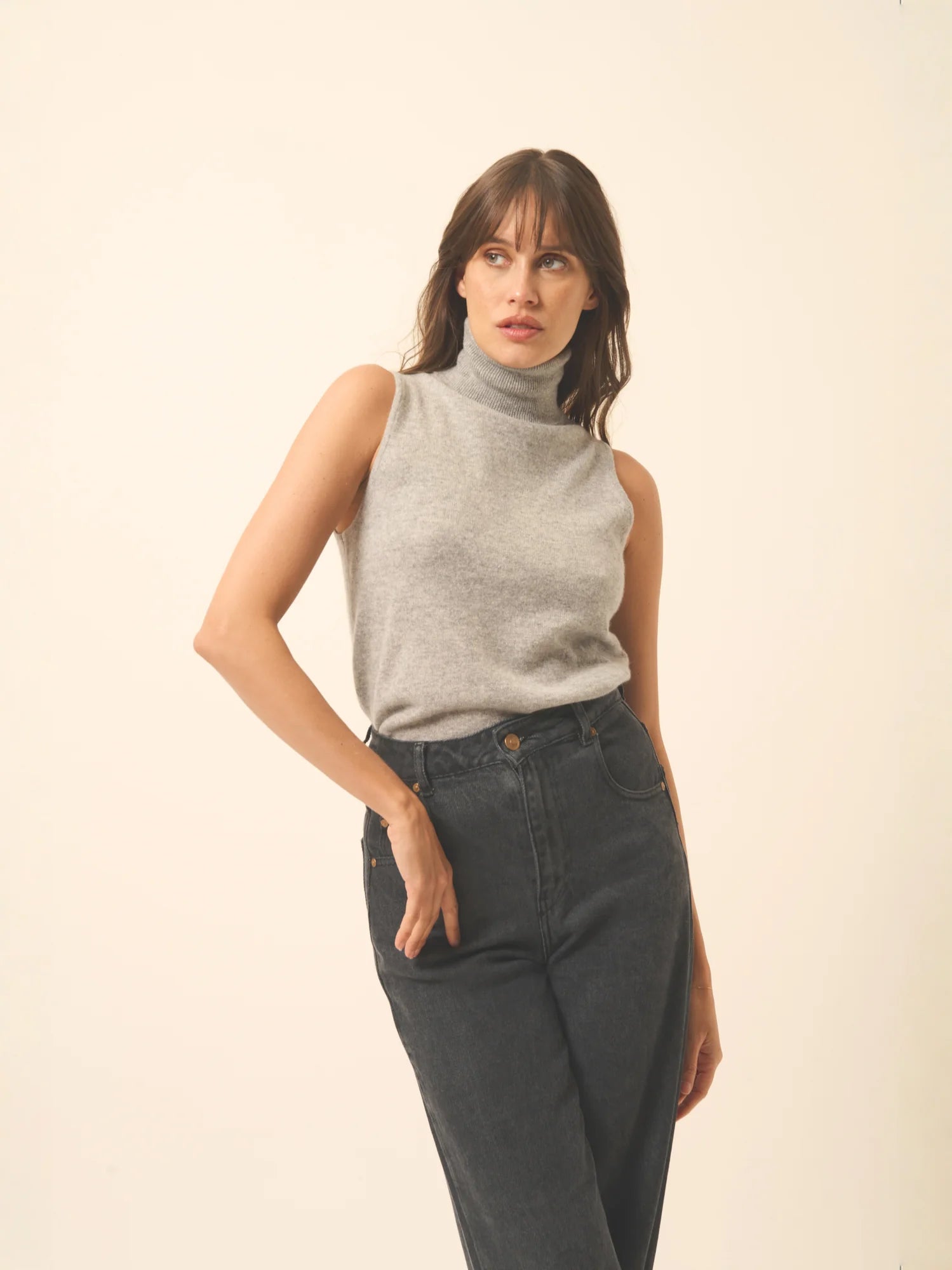 VIOLET pull col roulé sans manches nuage chiné