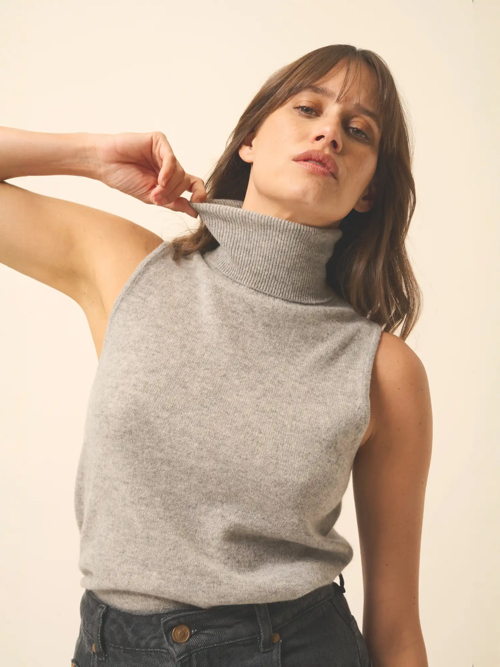 VIOLET pull col roulé sans manches nuage chiné