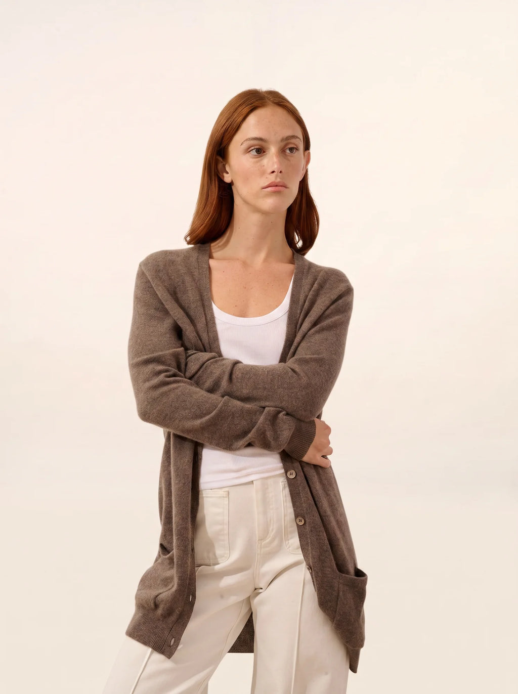 TOMMIE strickjacke v-ausschnitt taupe meliert