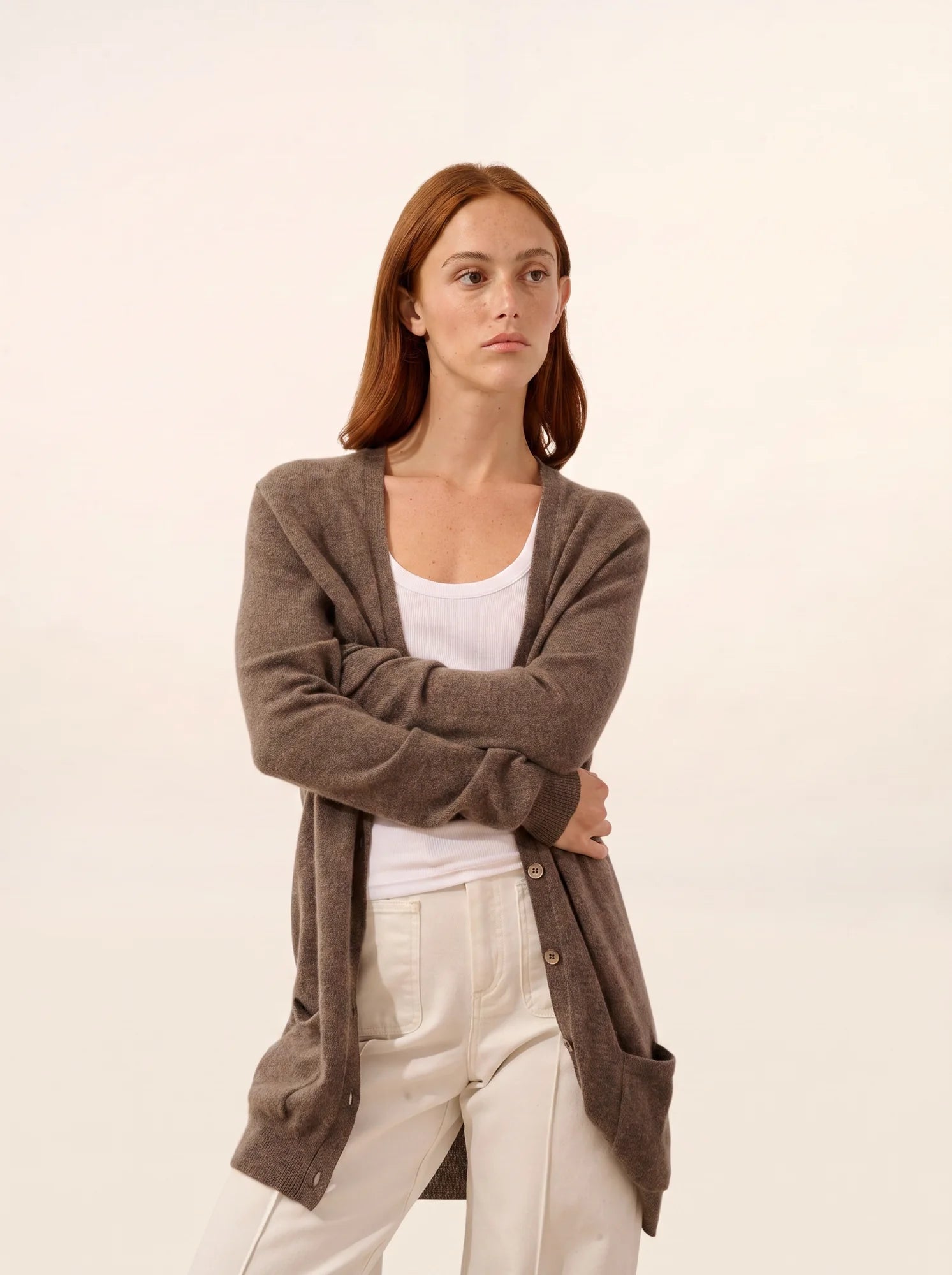 TOMMIE strickjacke v-ausschnitt taupe meliert