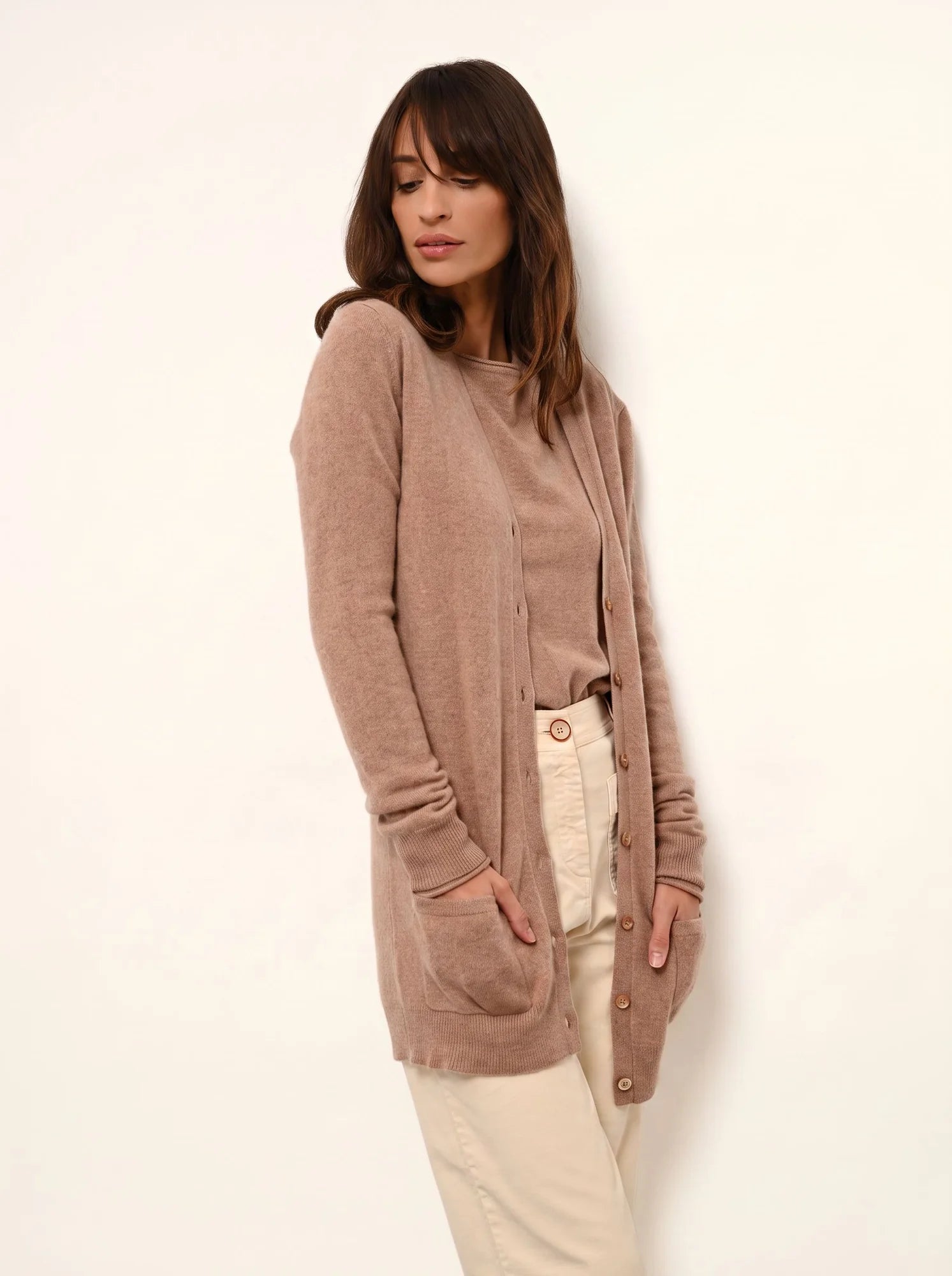 TOMMIE strickjacke v-ausschnitt camel meliert