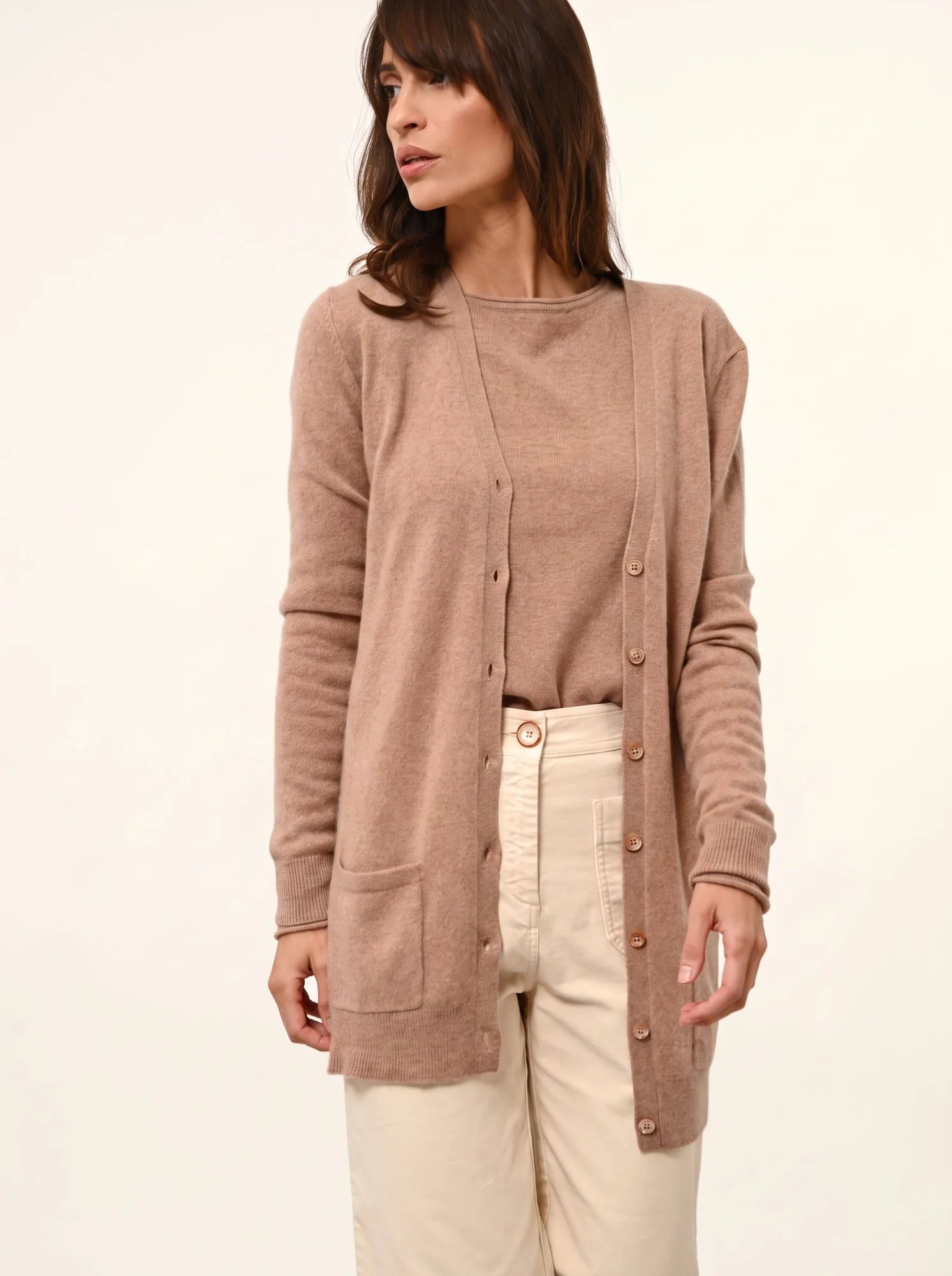 TOMMIE strickjacke v-ausschnitt camel meliert