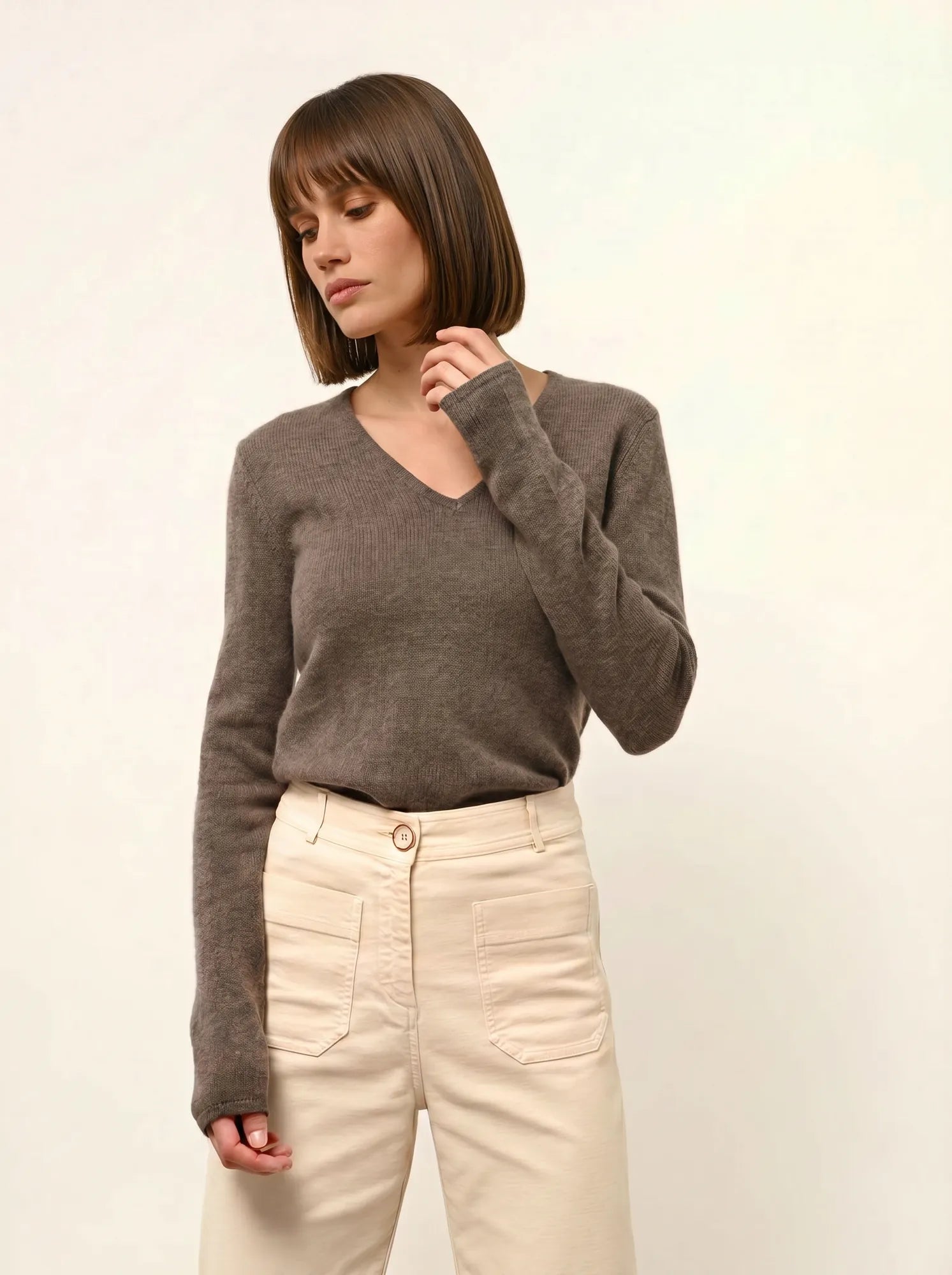ABBY pullover v-ausschnitt 4-fädig taupe meliert