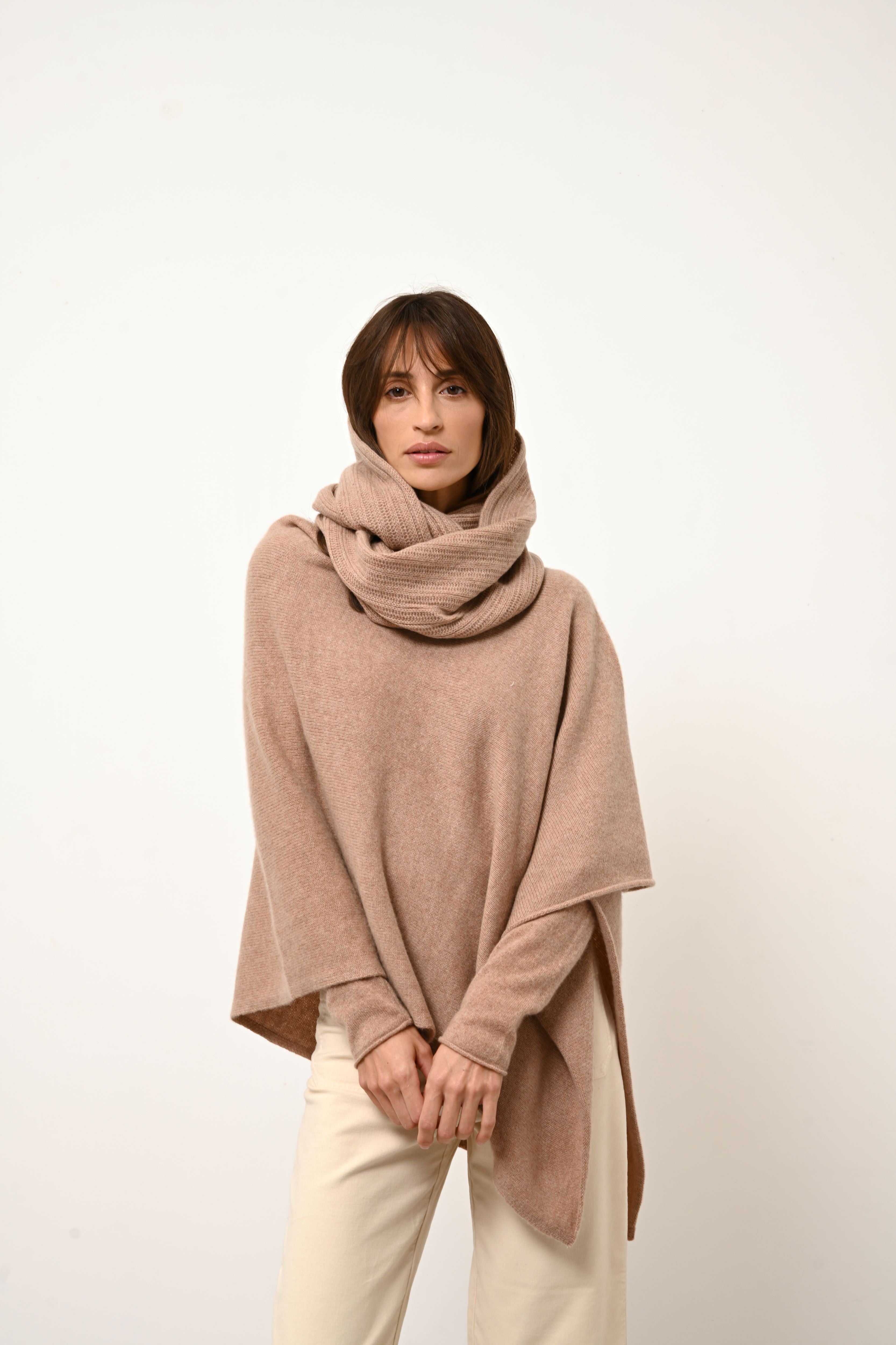 ASHLEY camel mottled boat neck poncho