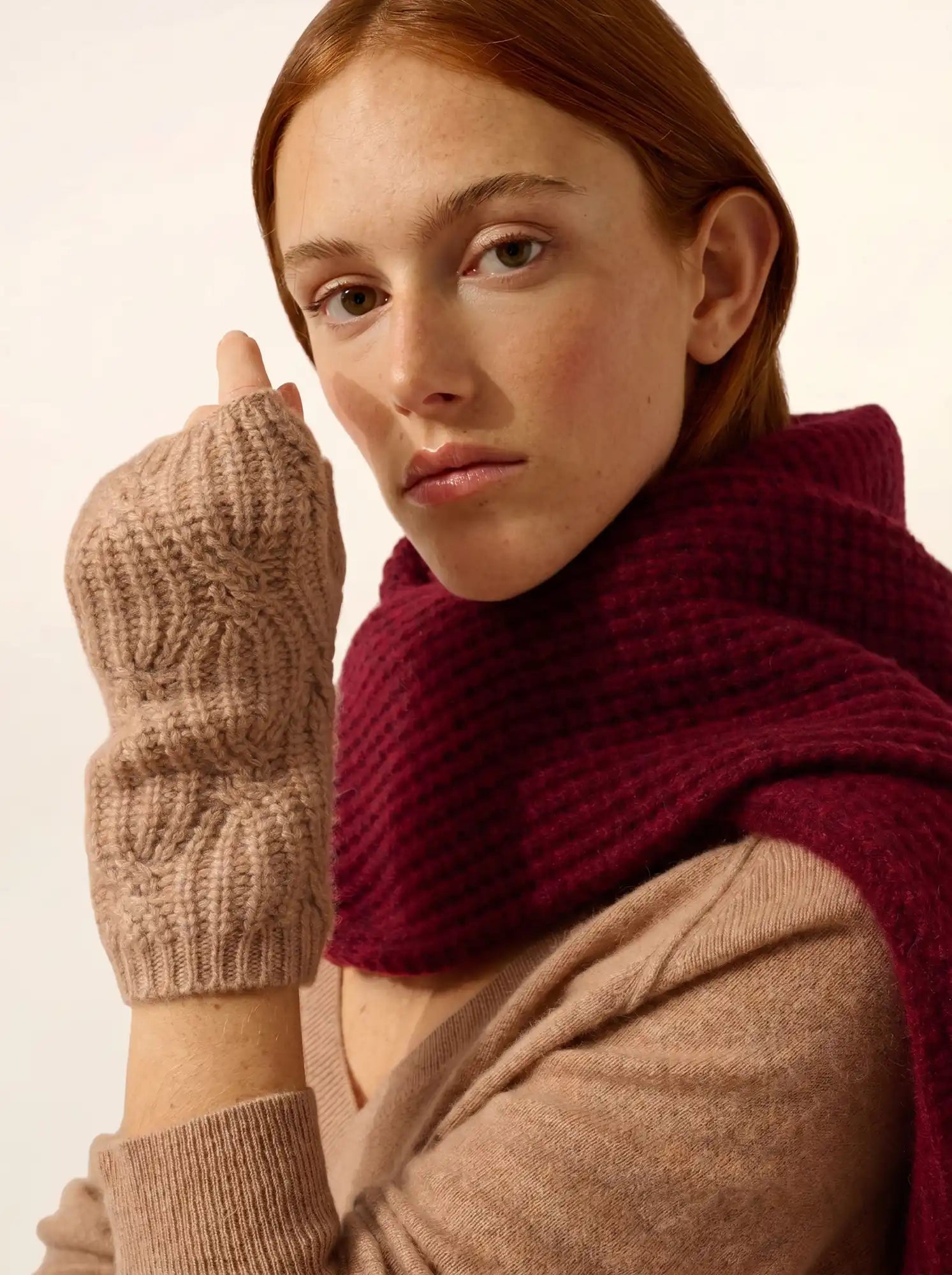 Fingerlose Kaschmir Handschuhe 6-fädig Camel meliert