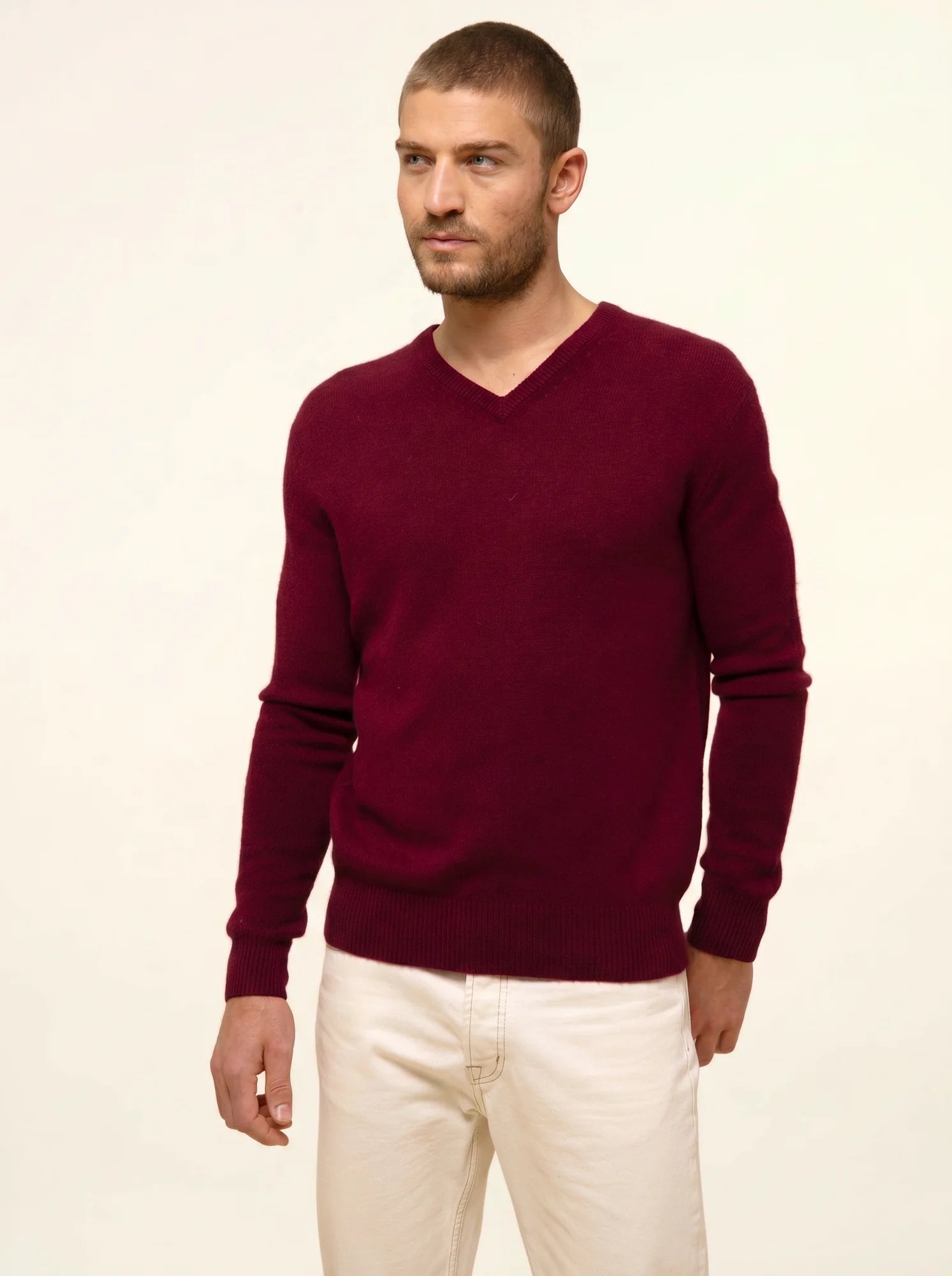 NATHAN pull col V 4 fils bordeaux