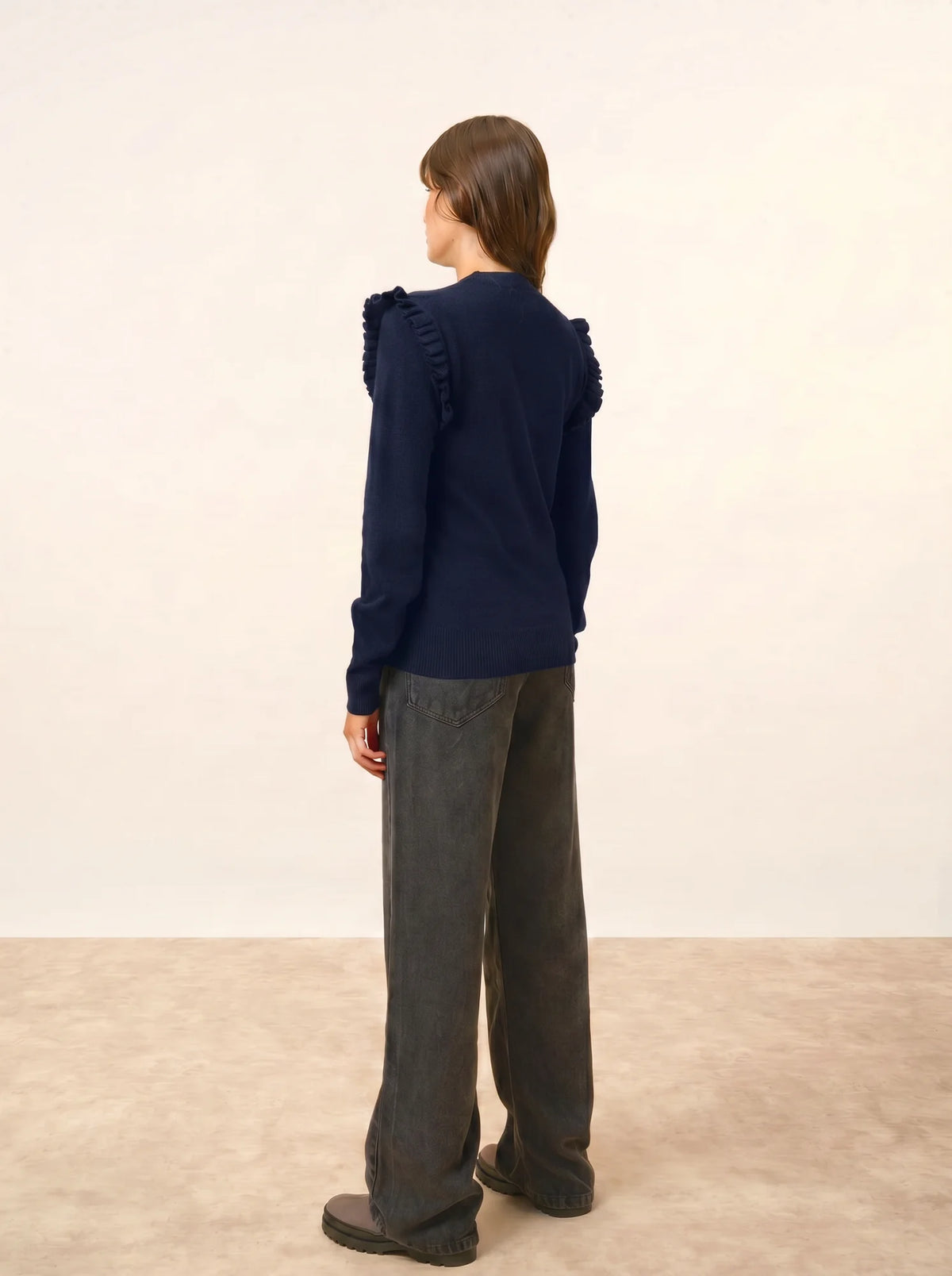 BOXBURN Pull Col Rond Volants Épaules Bleu Marine
