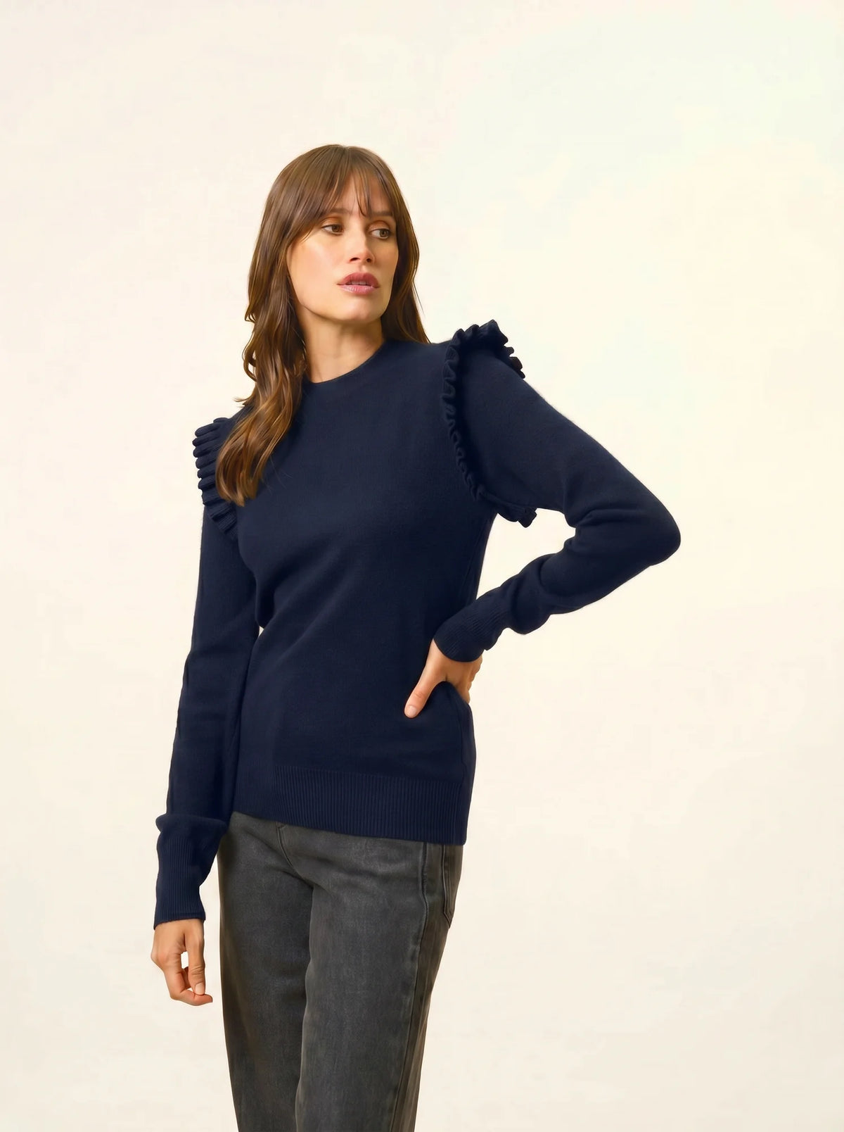 BOXBURN Pull Col Rond Volants Épaules Bleu Marine