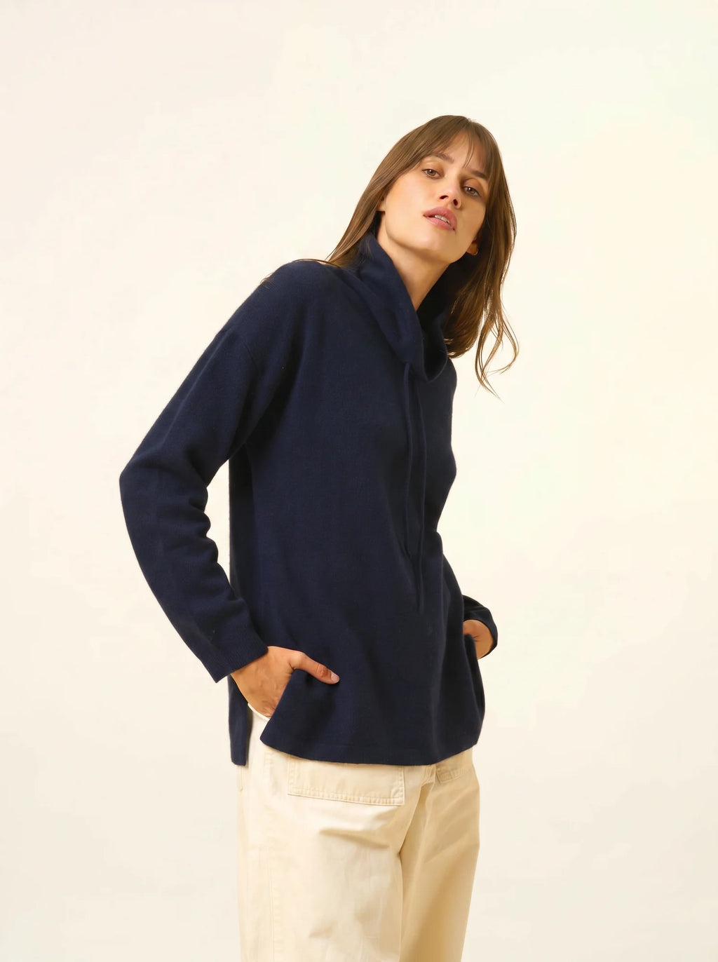 MELROSE pullover stehkragen kordelzug seitenschlitze marineblau