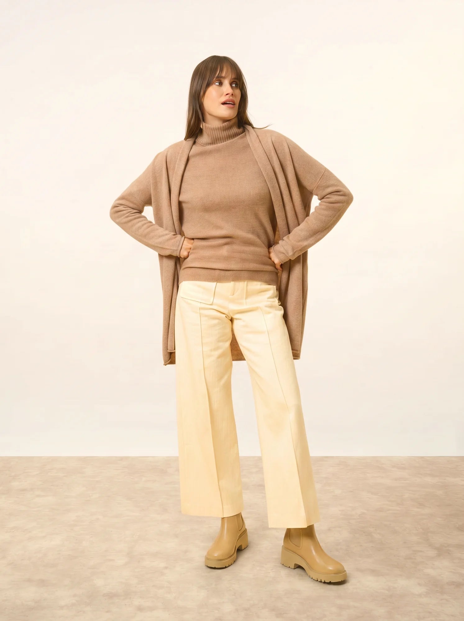 MADDIE jacke lang offen schalkragen camel meliert