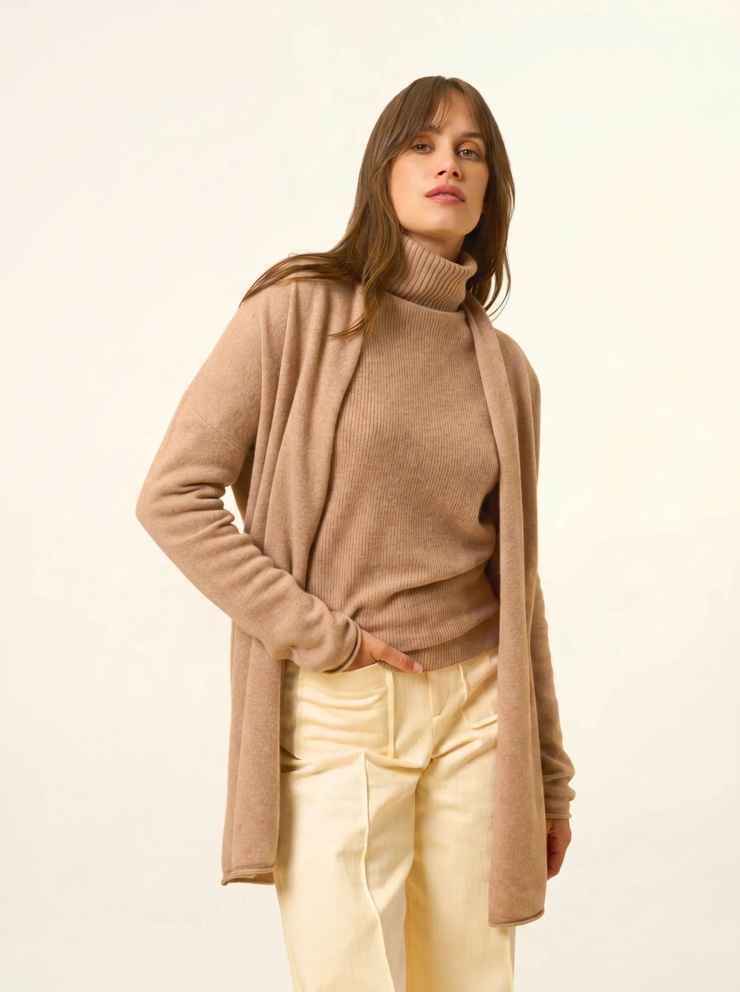 MADDIE jacke lang offen schalkragen camel meliert