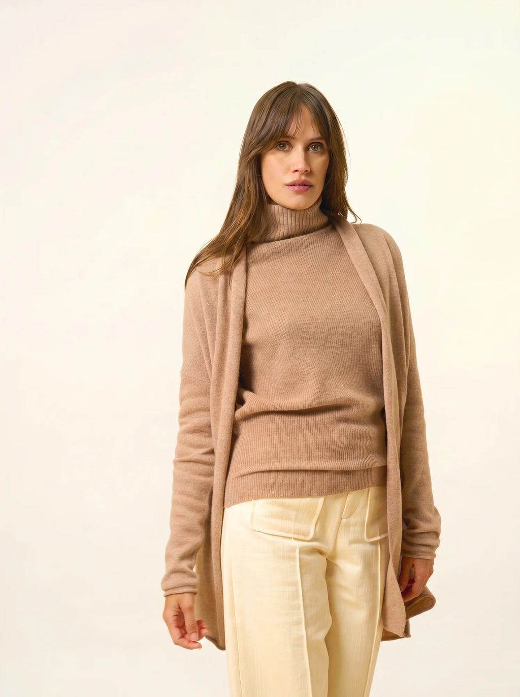 MADDIE jacke lang offen schalkragen camel meliert