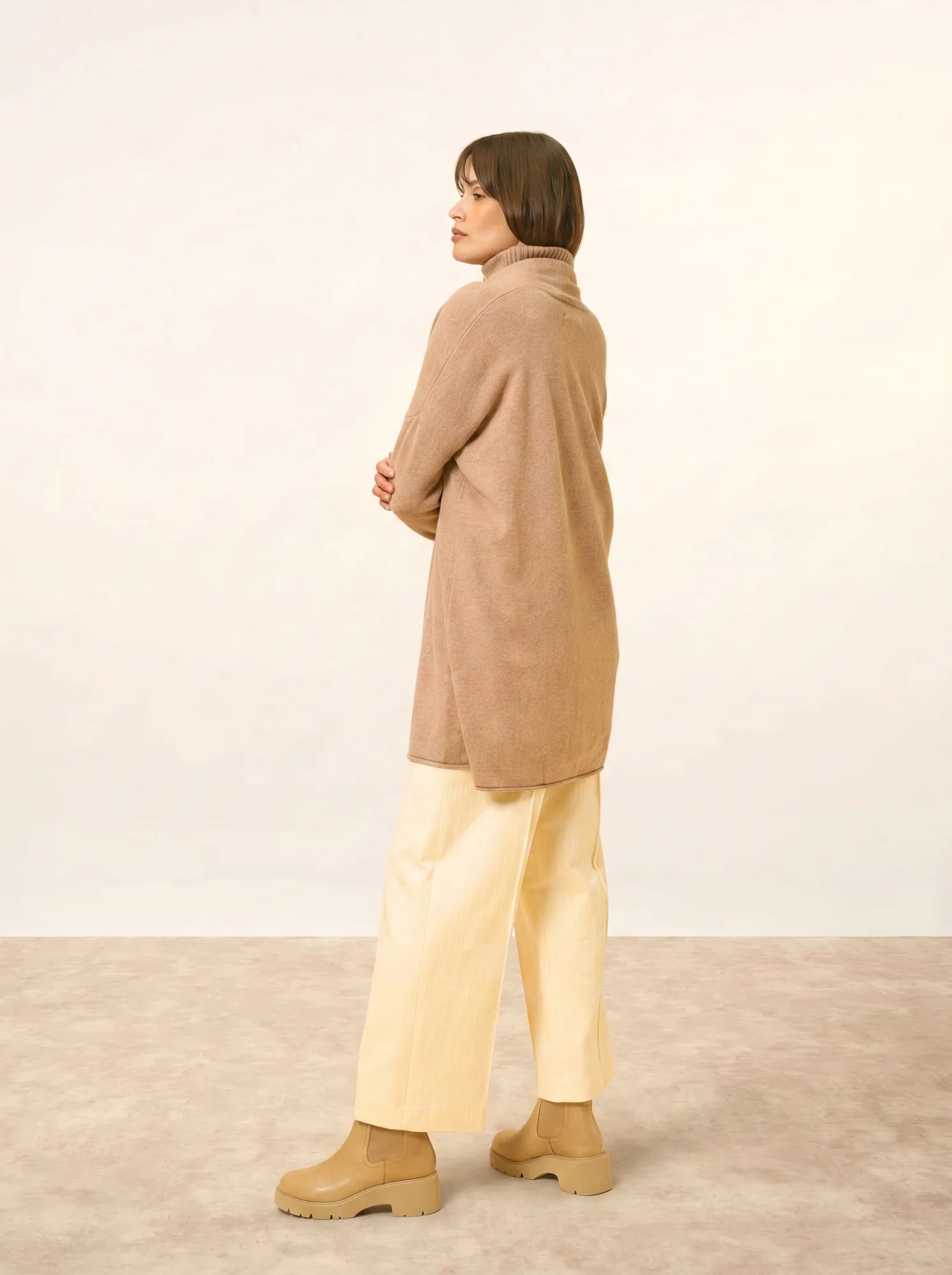 MADDIE jacke lang offen schalkragen camel meliert