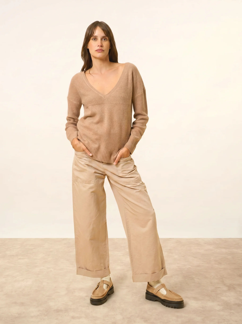 CASSIE pullover v-ausschnitt 4-fädig camel meliert