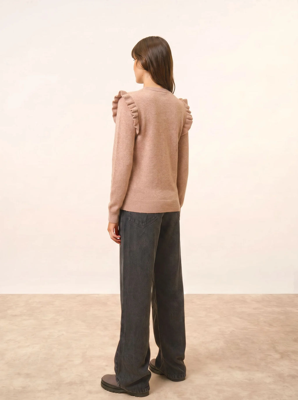 BOXBURN Pull Col Rond Volants Épaules Camel Chiné