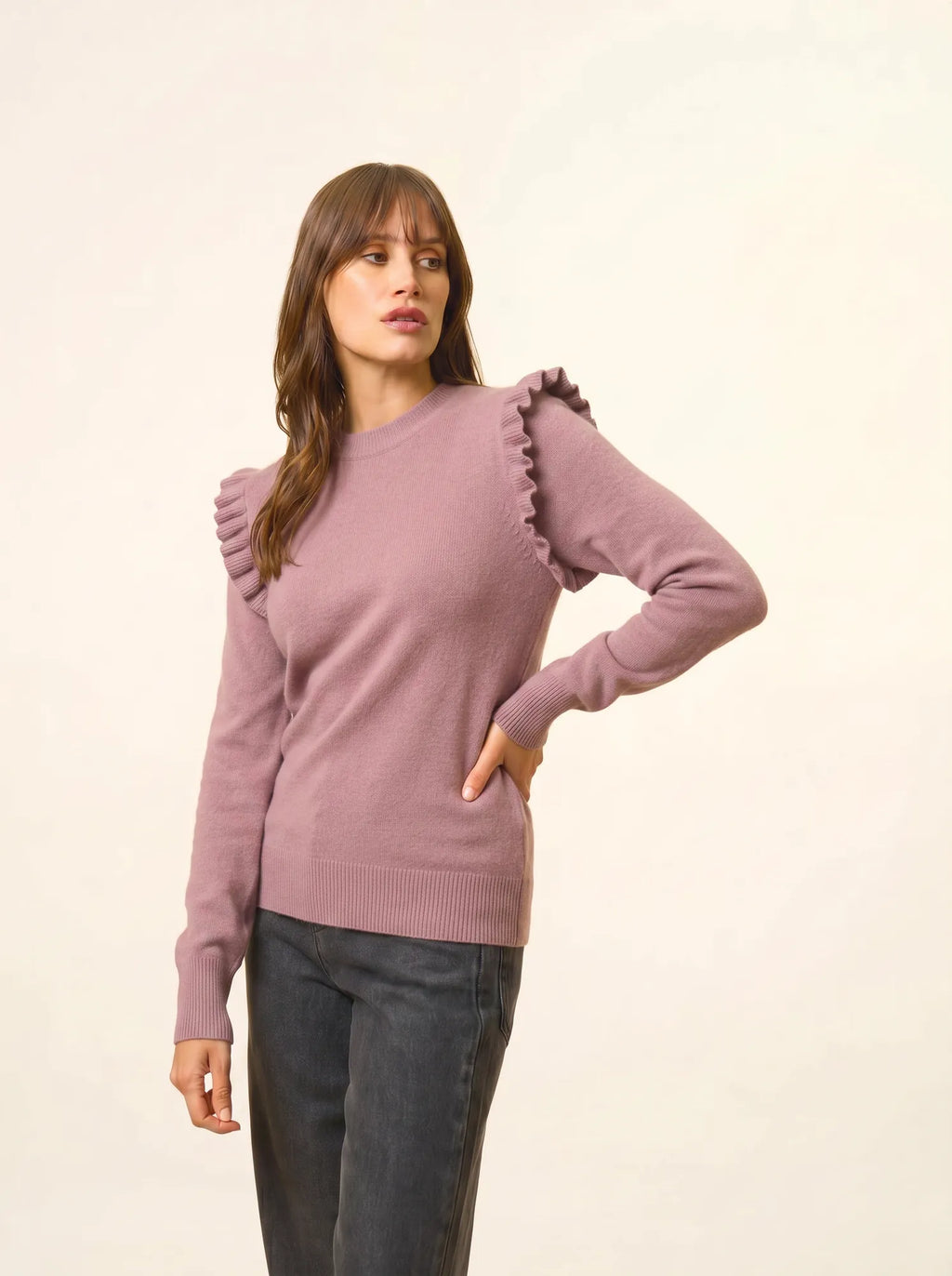 BOXBURN Pullover Rundhalsausschnitt Volants an Schultern Rosenholz