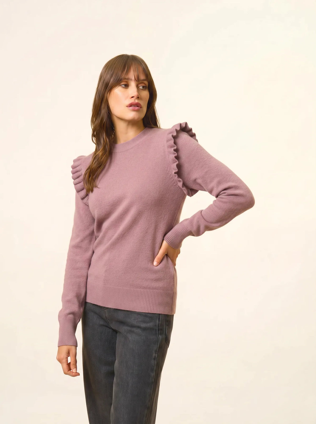 BOXBURN Pullover Rundhalsausschnitt Volants an Schultern Rosenholz