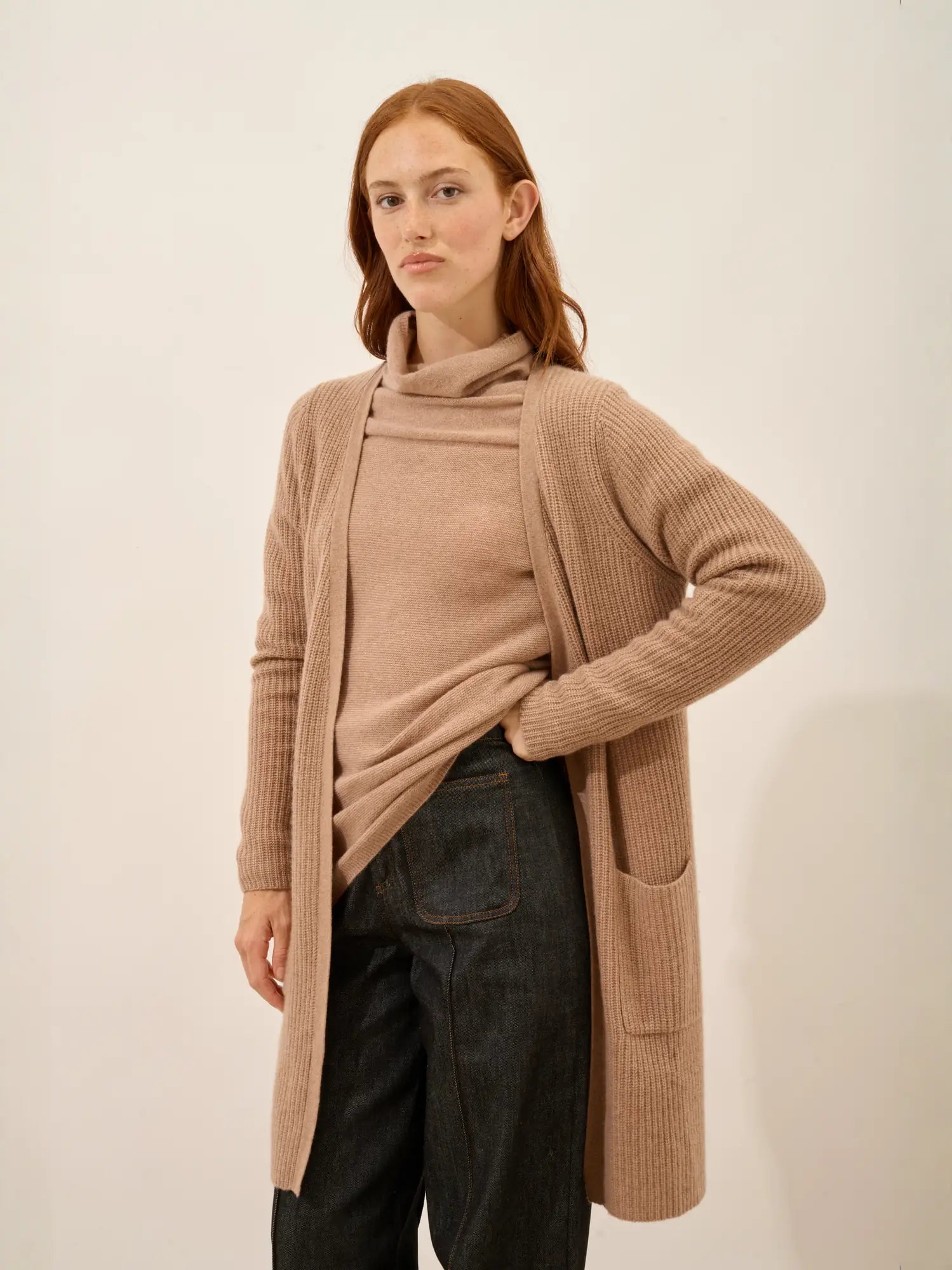 BRAEMAR jacke lang offen 4-fädig camel meliert