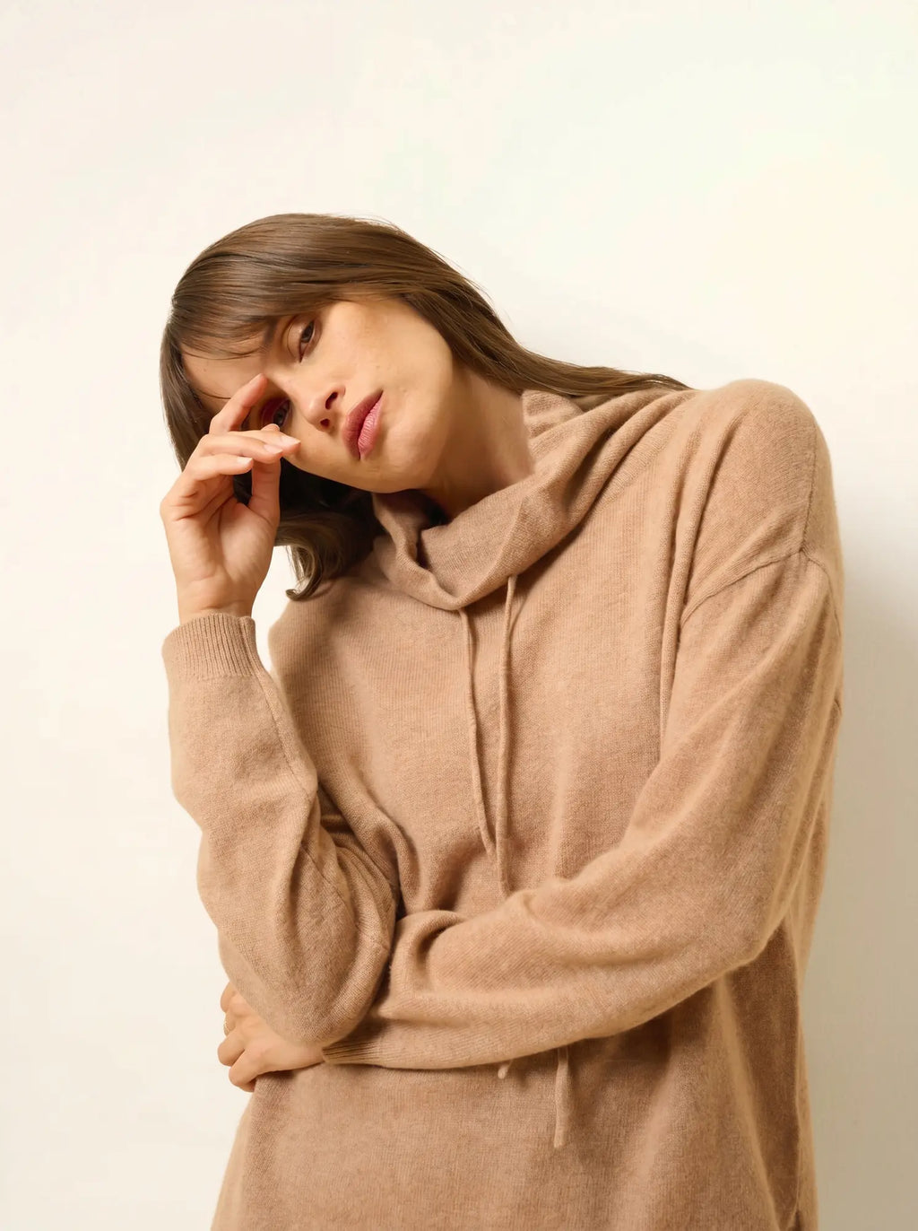 MELROSE pullover stehkragen kordelzug seitenschlitze camel meliert