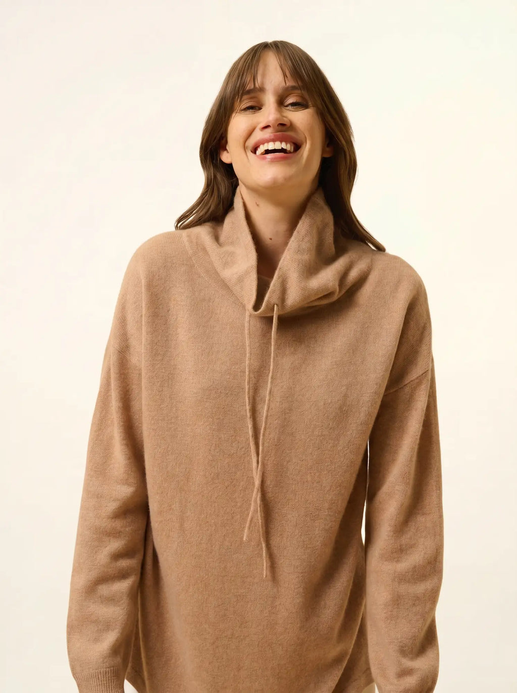 MELROSE pullover stehkragen kordelzug seitenschlitze camel meliert