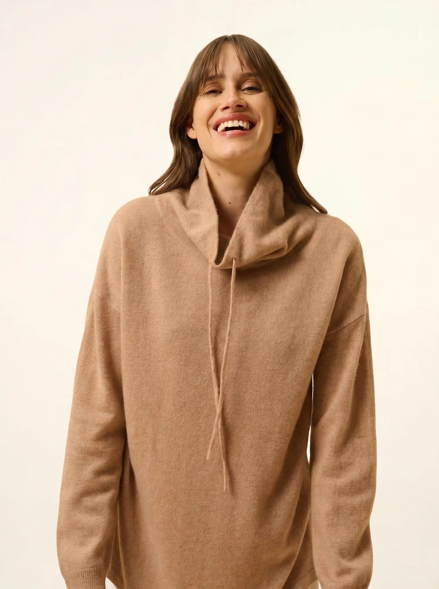 MELROSE pullover stehkragen kordelzug seitenschlitze camel meliert