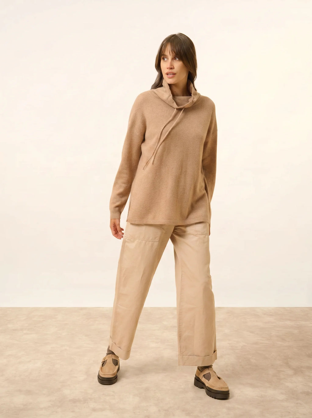 MELROSE pullover stehkragen kordelzug seitenschlitze camel meliert