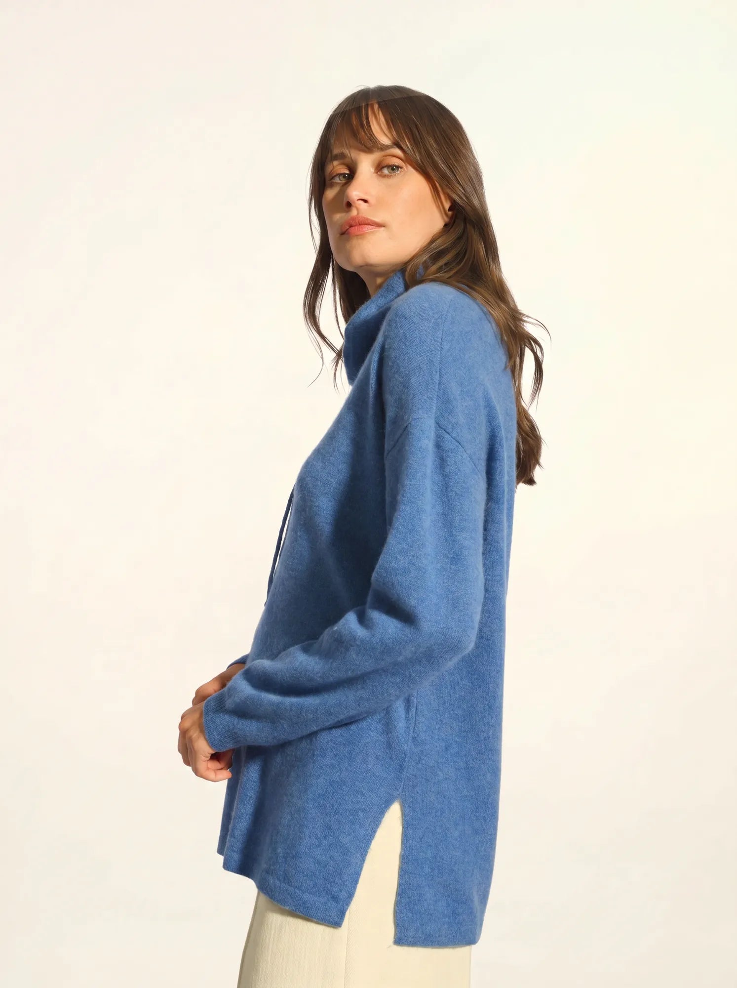 MELROSE pullover stehkragen kordelzug seitenschlitze blau denim