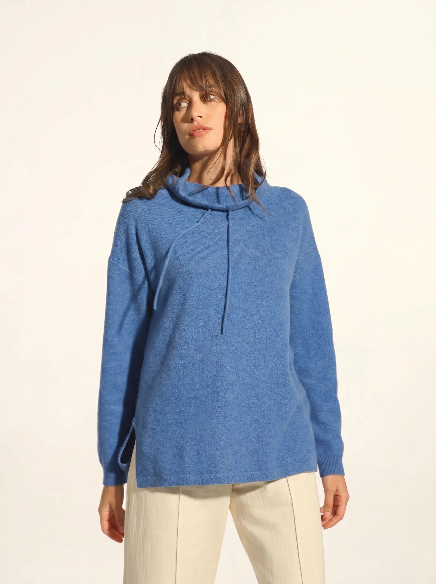 MELROSE pullover stehkragen kordelzug seitenschlitze blau denim