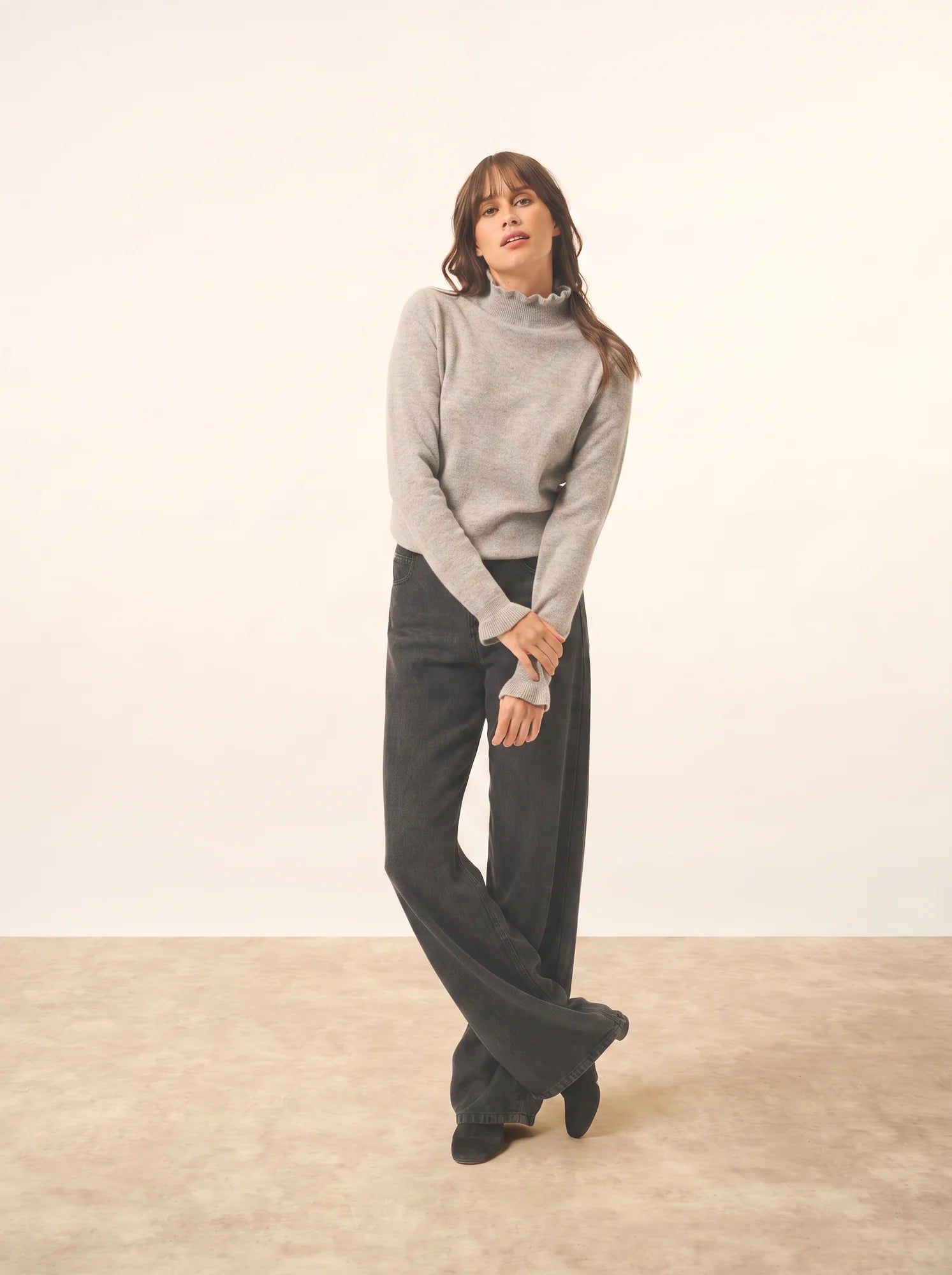TRILA pullover stehkragen volant wolke meliert
