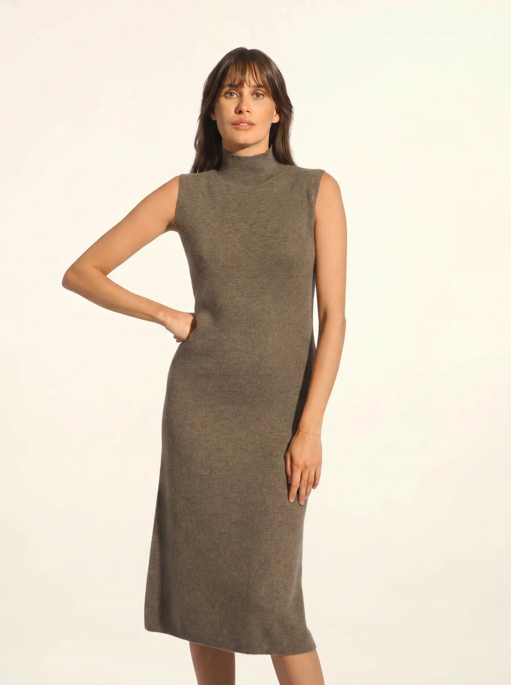 LOTTIE kleid stehkragen ärmellos taupe meliert